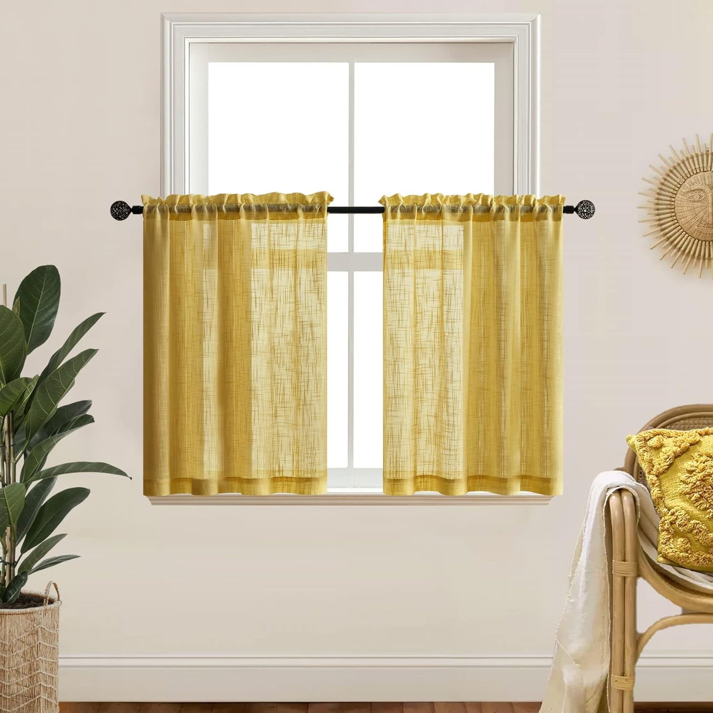 XTMYI White Kitchen Curtains 24 Inch Length Set of 2 Panels Cafe Curtain Tiers Linen Textured Semi Sheer Boho Farmhouse Short Curtains for Small Bathroom Basement Window RV Camper  XTMYI Yellow 25X30 