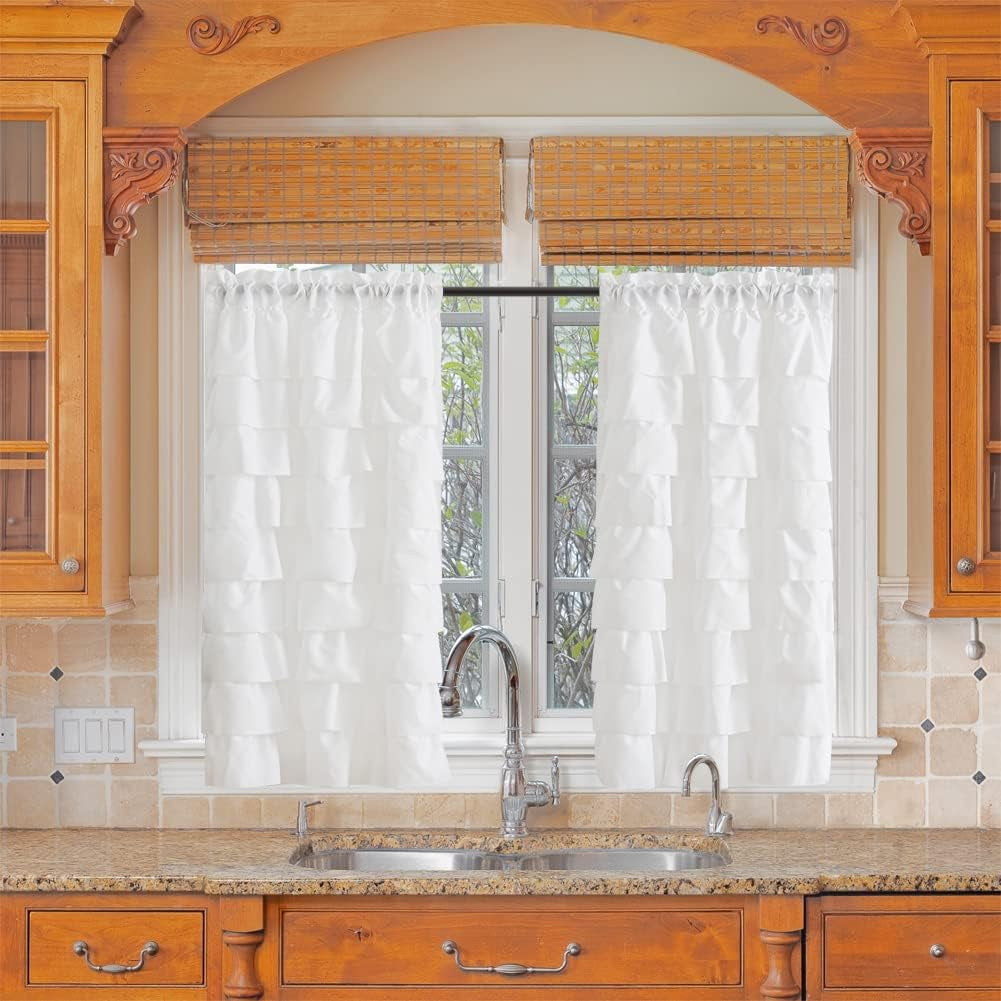 White Ruffle Kitchen Window Curtains-Small Windows Curtain for Bathroom, 45 Inch Length Sets Short Cafe Panels (Set of 2)  WestWeir Design   