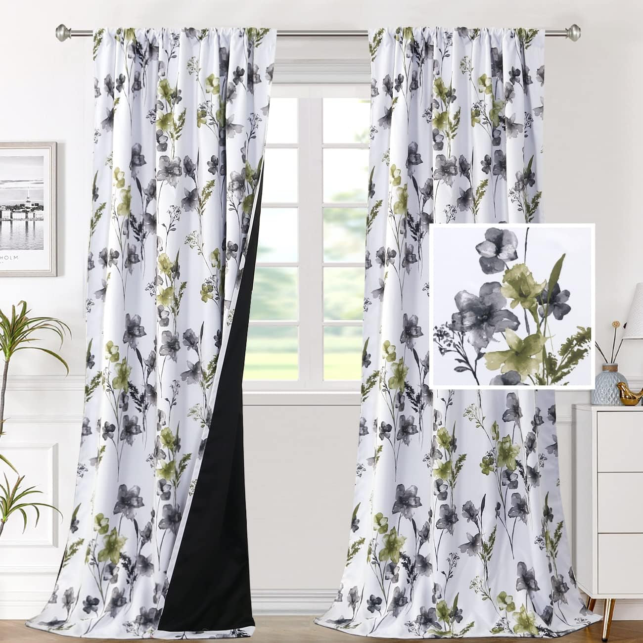 H.VERSAILTEX 100% Blackout Curtains for Bedroom Cattleya Floral Printed Drapes 84 Inches Long Leah Floral Pattern Full Light Blocking Drapes with Black Liner Rod Pocket 2 Panels, Navy/Taupe  H.VERSAILTEX Grey/Olive 52"W X 96"L 