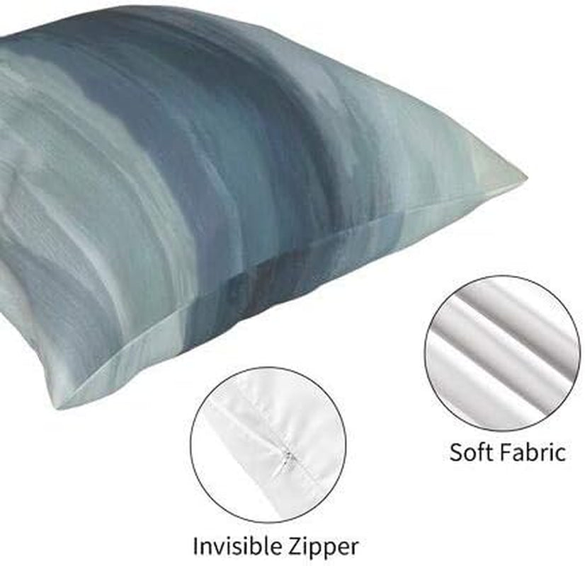 Seafoam Green Mint Navy Blue Abstract Ocean Art Painting Flax Cotton Hidden Zipper Throw Pillow Covers 18X18 in (Two Sides)