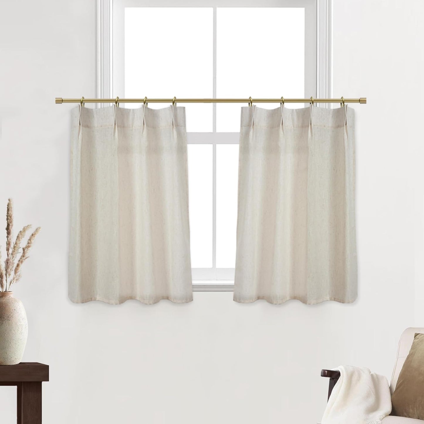 Short Curtains for Windows,Semi Sheer White Linen Cotton Privacy Light Filtering Cafe Length Small Pinch Pleated Curtains for Living Room Bathroom with Hooks,24 X 24 Inch Long  Lino Rosa Beige 24"W X 24"L 