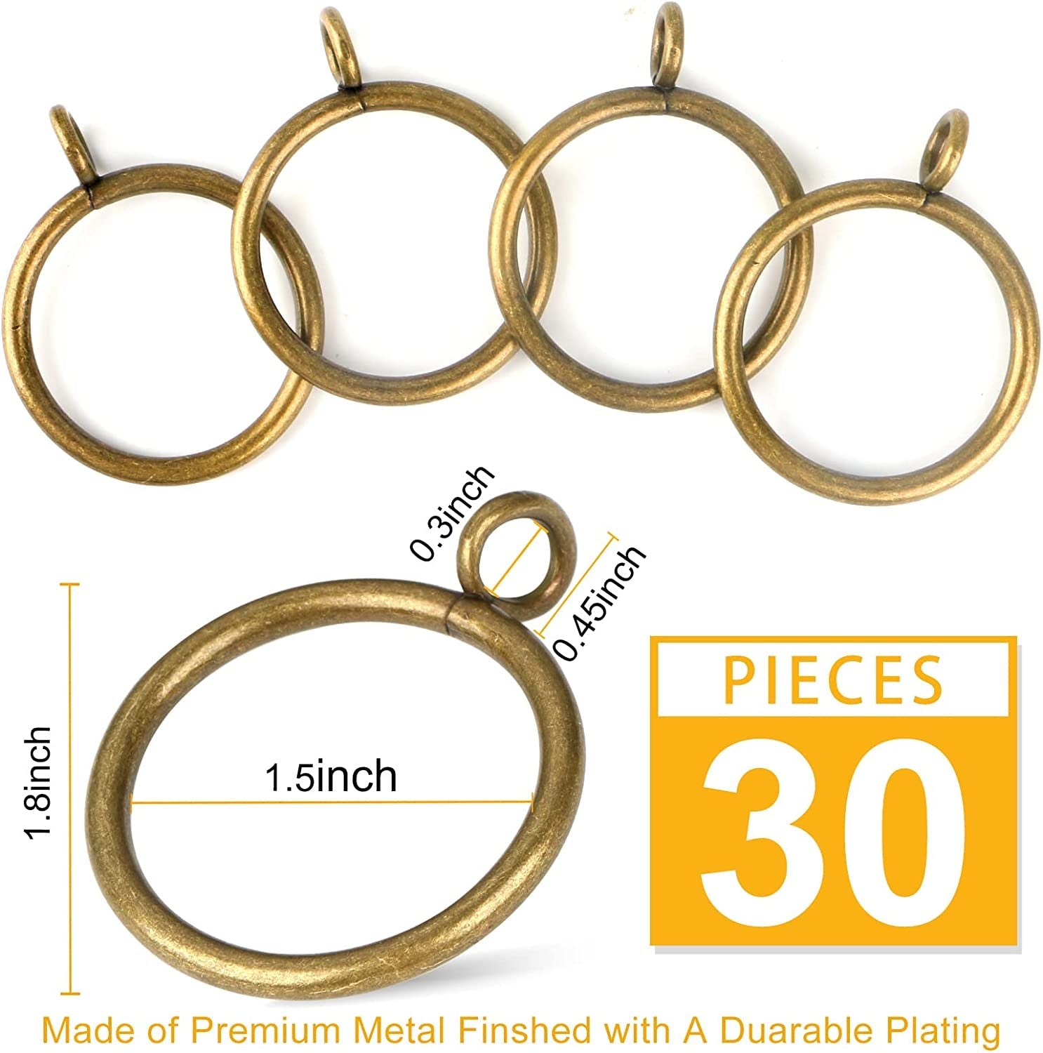 1 1/2-Inch Antique Brass Curtain Rings with Eyelets for Curtain Rods (Set of 30 PCS Curtain Rings)