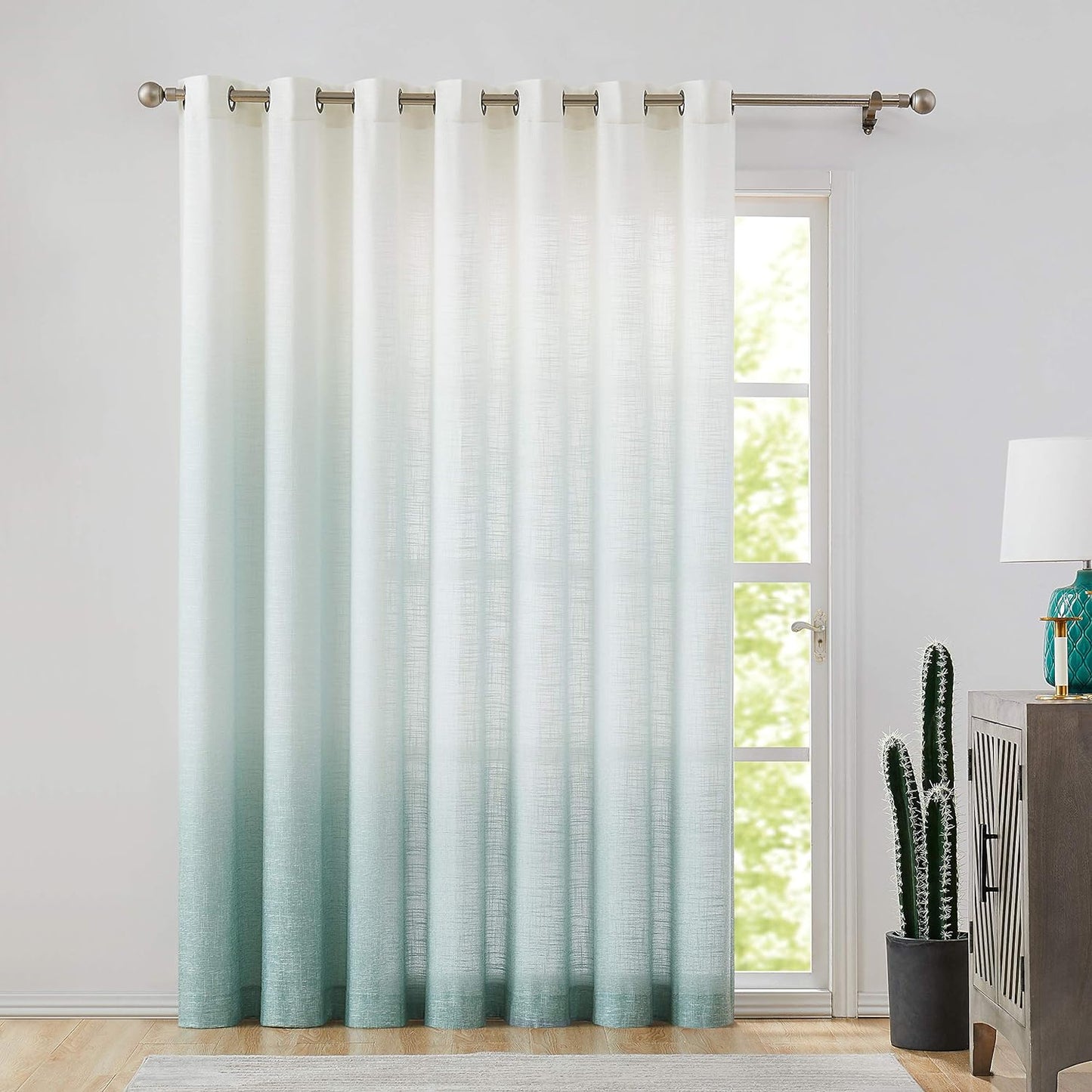 Ombre Window Door Curtain 100" Extra Wide Linen Ombre Gradient Print on Rayon Blend Fabric Treatment for Sliding Patio Door with 14 Grommets, Cream White to Light Gray, 100" X 84", 1 Panel  Central Park Aqua Blue 100" X 95" (1 Panel) 