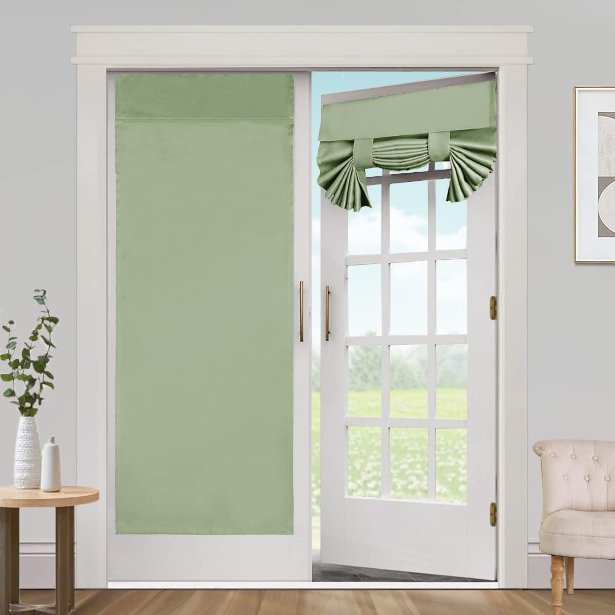 Blackout Curtains for French Doors - Thermal Insulated Tricia Door Window Curtain for Patio Door, Self Stick Tie up Shade Energy Efficient Double Door Blind, 26 X 68 Inches, 1 Panel, Sage  L.VICTEX Sage 2 