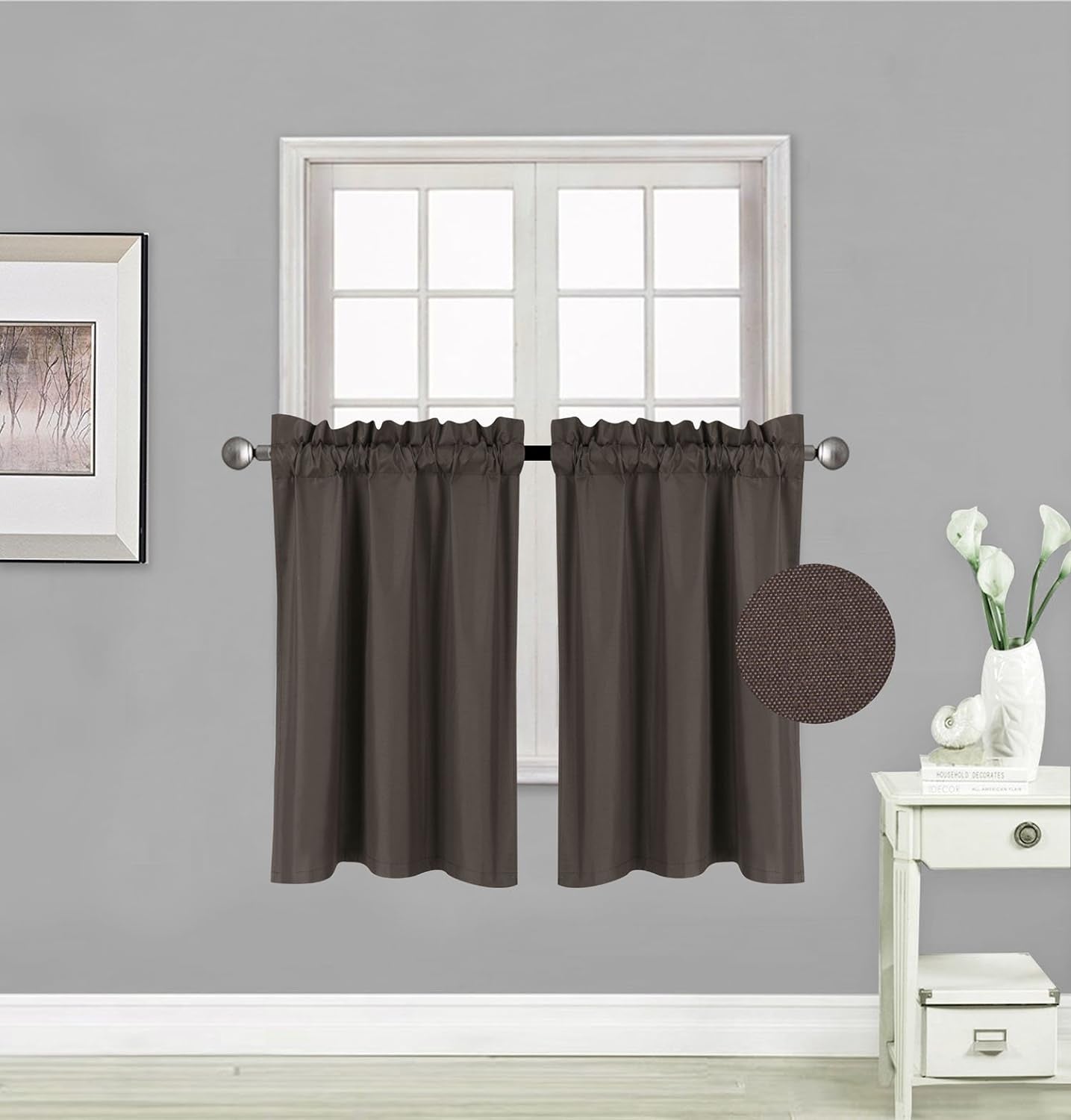 Elegant Home 2 Short Panels Tiers Small Window Treatment Curtain Blackout 28" W X 36" L Each for Kitchen Bathroom # R5  Elegant Home Decor Brown / Coffee  