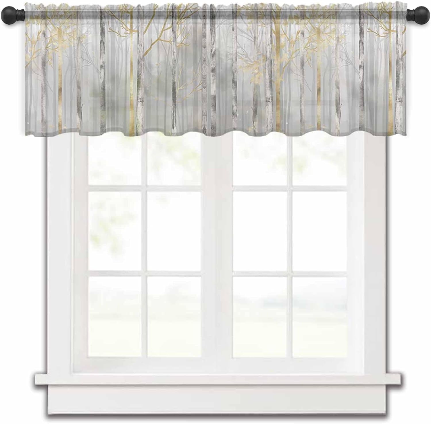 Abstract Forest Valance Curtains for Kitchen/Living Room/Bathroom/Bedroom Window,Rod Pocket Small Topper Half Short Window Curtains Voile Sheer Scarf, Modern Landscape Painting Grey Gold 42"X18"