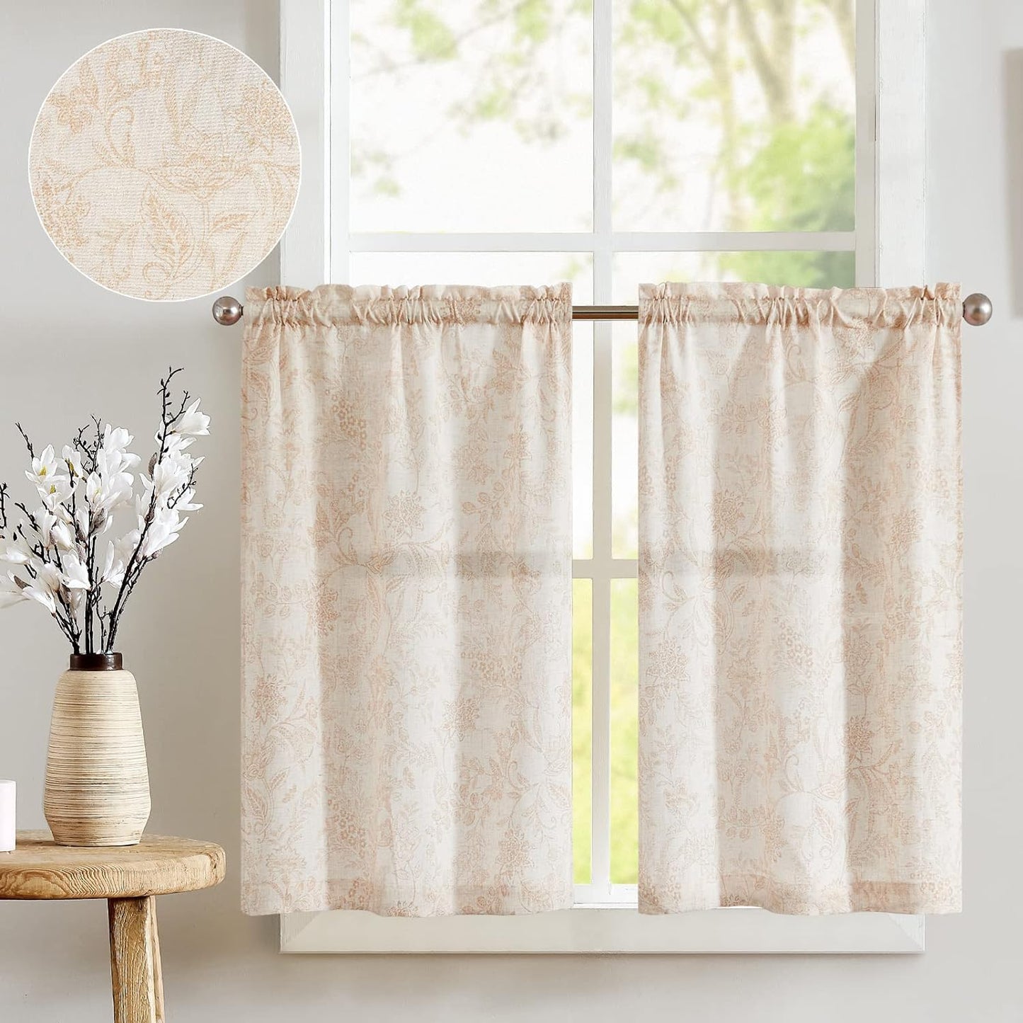 Jinchan Beige Kitchen Curtains Linen Tier Curtains 24 Inch Farmhouse Cafe Curtains Light Filtering Small Window Curtains Flax Country Rustic Rod Pocket Bathroom Laundry Room RV 2 Panels Crude  CKNY HOME FASHION Forest Taupe On Beige 24L 