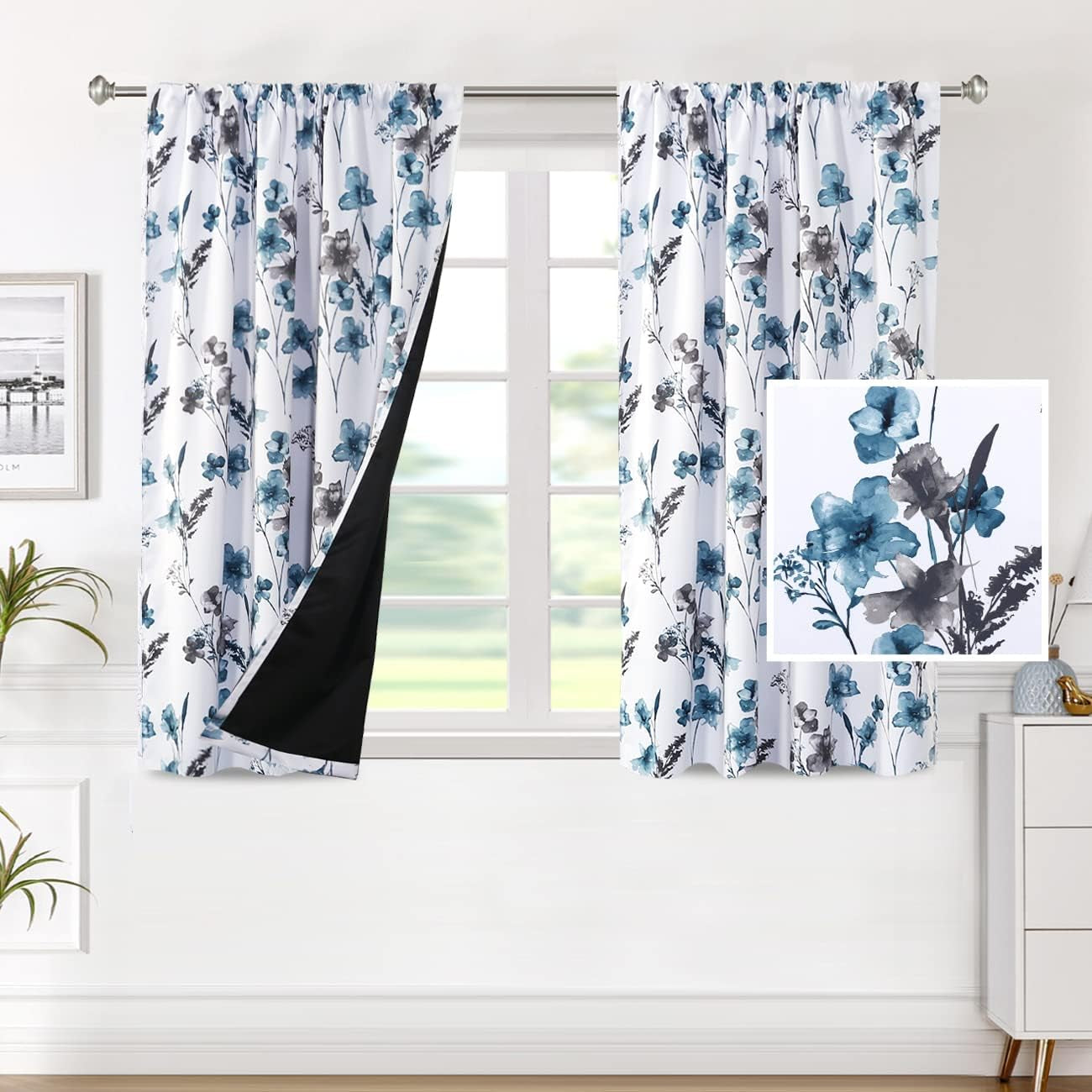H.VERSAILTEX 100% Blackout Curtains for Bedroom Cattleya Floral Printed Drapes 84 Inches Long Leah Floral Pattern Full Light Blocking Drapes with Black Liner Rod Pocket 2 Panels, Navy/Taupe  H.VERSAILTEX Grey/Blue 52"W X 45"L 