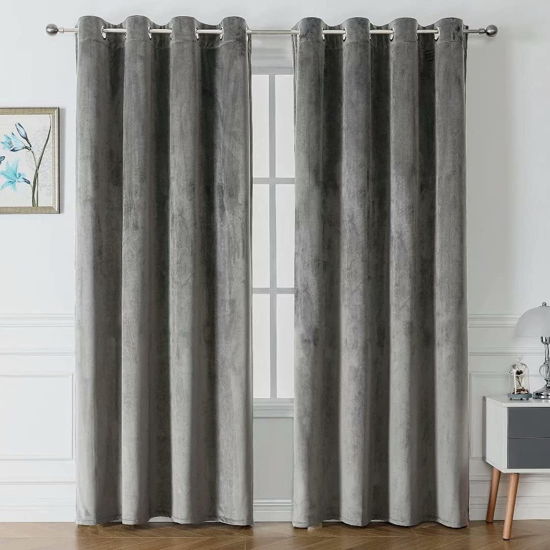 Victree Velvet Curtains for Bedroom, Blackout Curtains 52 X 84 Inch Length - Room Darkening Sun Light Blocking Grommet Window Drapes for Living Room, 2 Panels, Navy  Victree Light Grey 52 X 96 Inches 
