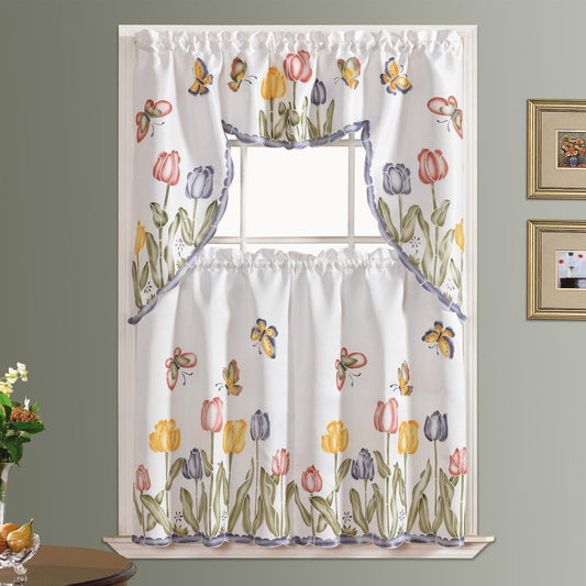 GOHD 3Pcs Farmhouse Kitchen Cafe Curtain Set Air Brushed by Hand of Flowers and Butterfly Design on Thick Satin Fabric (Tulip Vigor)
