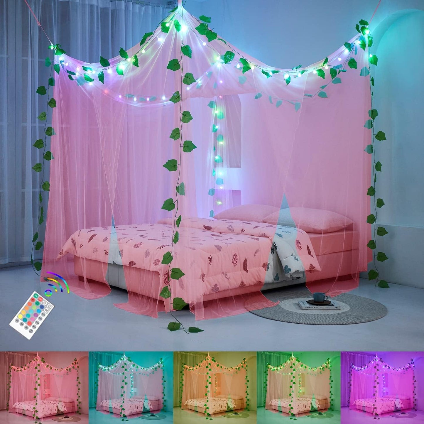 Akiky Princess Canopy Bed Curtains Bed Canopy Curtains with Lights for Queen Size Bed Drapes,8 Panels Canopies with 2 Lights,Room Décor (Full/Queen, White)  Akiky Pink-01 Queen/King 