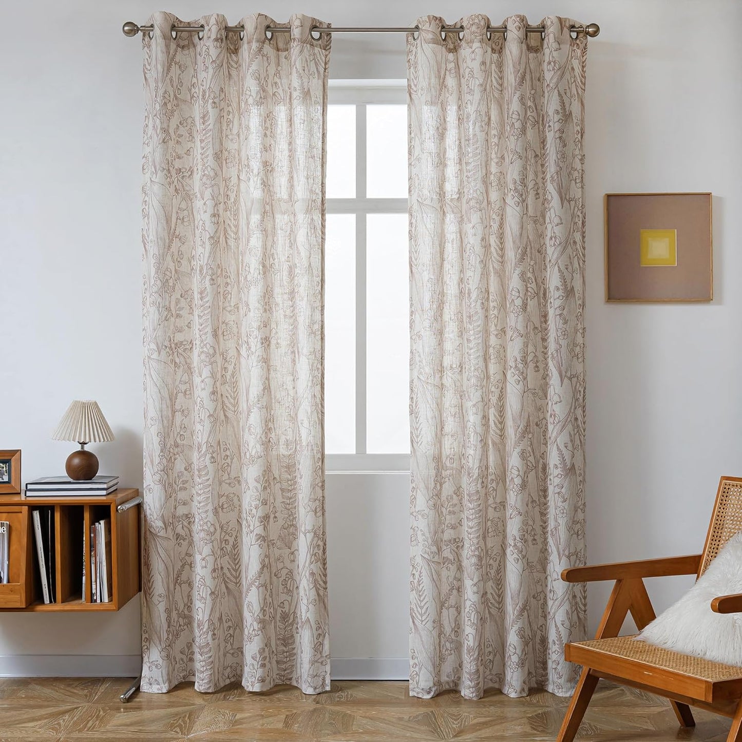 Floral Curtains 84 Inches Long Linen Curtains for Living Room Bedroom Light Filtering Privacy Protect Drapes Set Soft Touch Plant Pattern Window Treatment, 52" Wide, Brown, 2 Panels  MEETSKY   