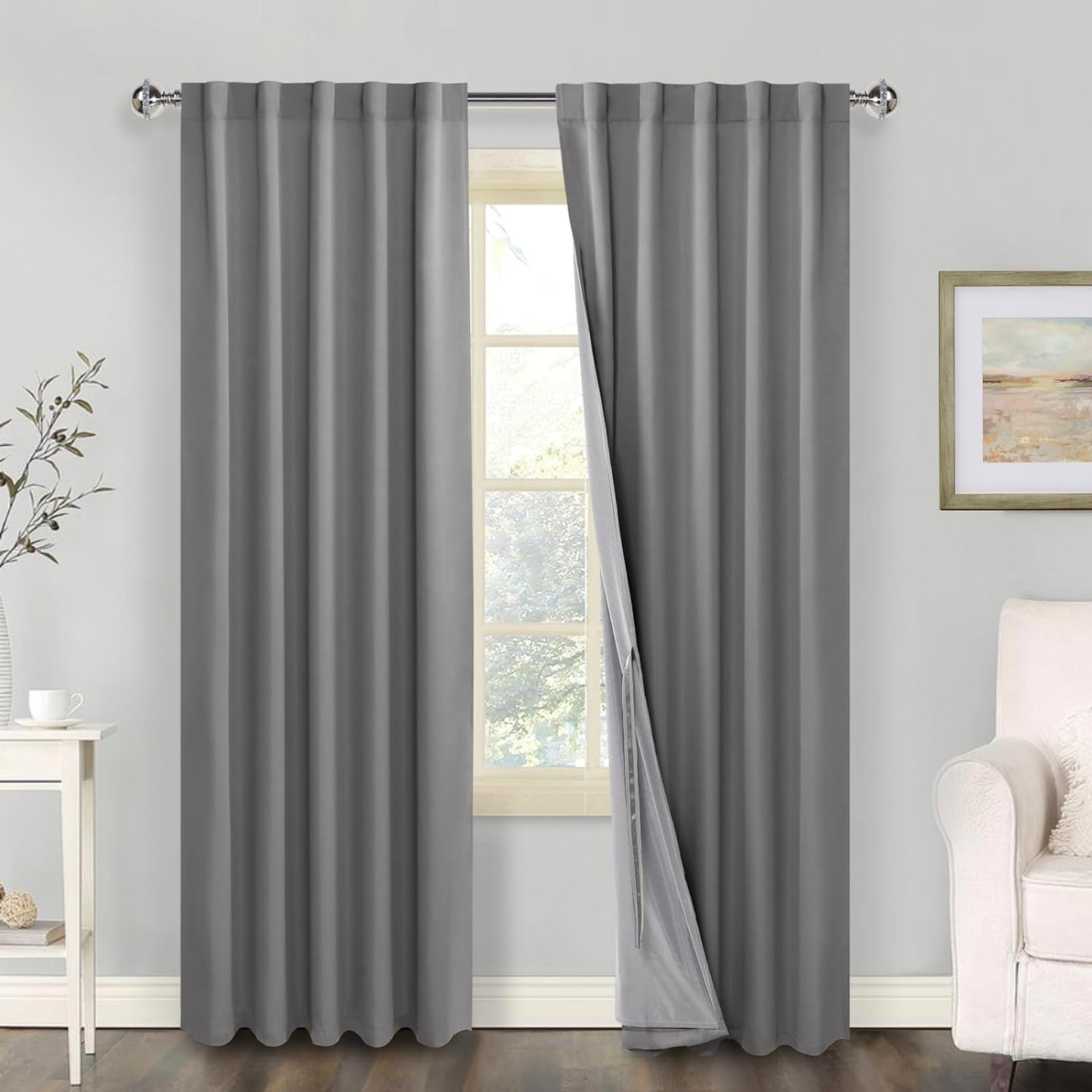 100% Blackout Curtains 2 Panels with Tiebacks- Heat and Full Light Blocking Window Treatment with Black Liner for Bedroom/Nursery, Rod Pocket & Back Tab，White, W52 X L84 Inches Long, Set of 2  XWZO Light Grey W42" X L84"|2 Panels 