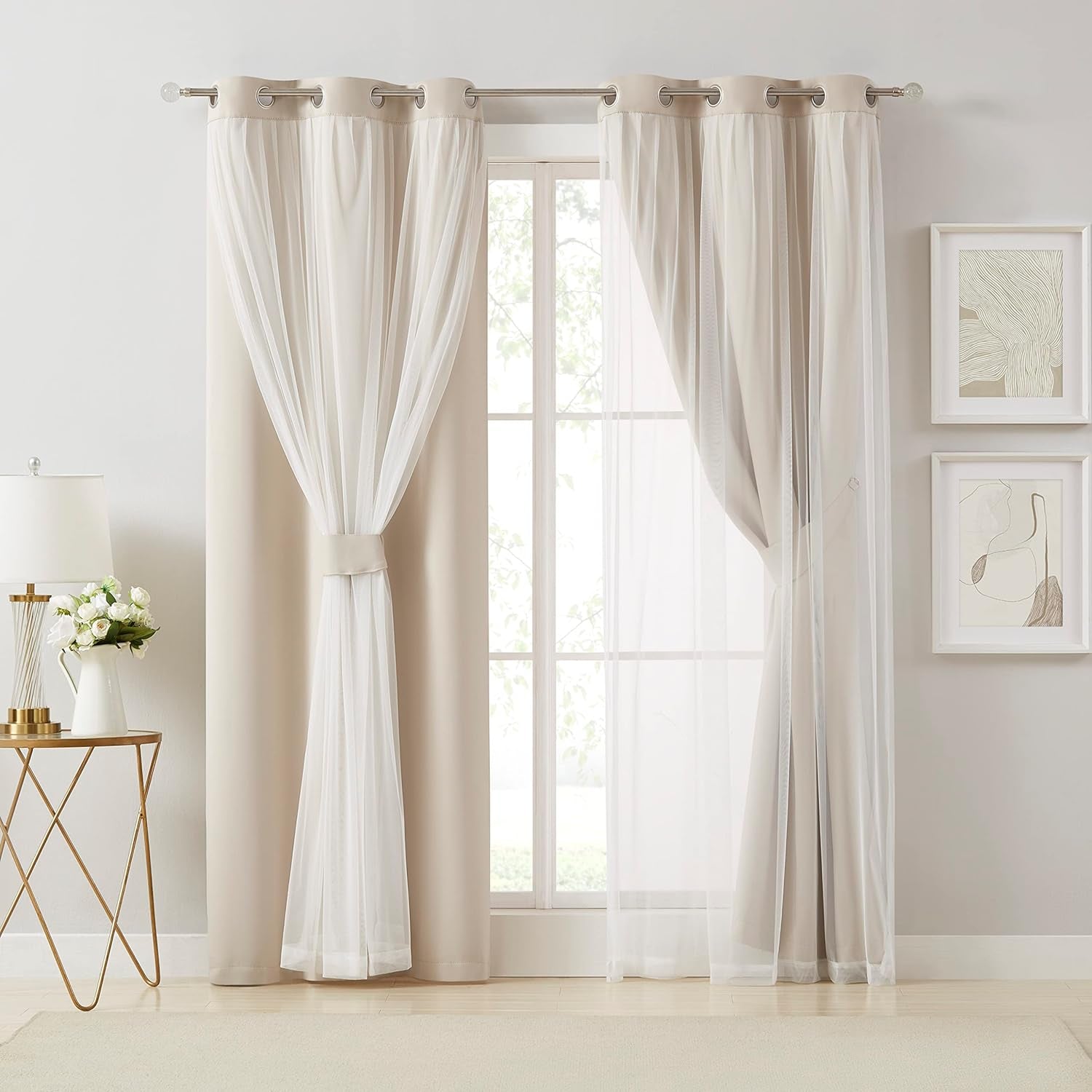Bujasso Beige 90% Blackout Curtains with Sheer Overlay Mix and Match Double Layer Thermal Insulated Window Panels 84 Inch for Living Room Bedroom Beige Drapes with Tiebacks Grommet Top 37" Wx84 Lx2  Bujasso   