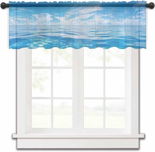 Blue Ocean Valance Curtains for Kitchen/Living Room/Bathroom/Bedroom Window,Rod Pocket Small Topper Half Short Window Curtains Voile Sheer Scarf, Summer Tropical Beach Seaside Coastal Wave 42"X12"