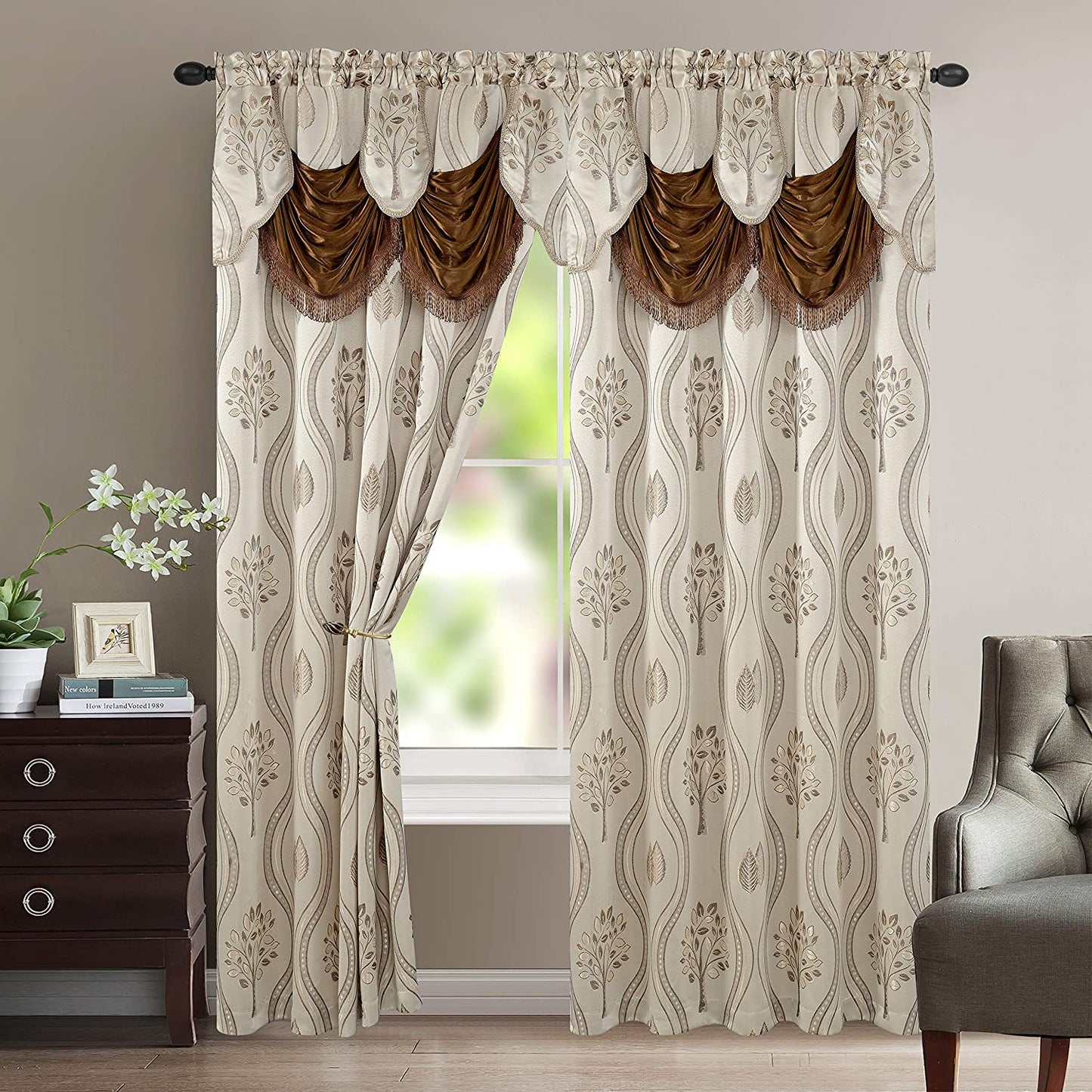 Elegant Comfort Aurora Jacquard Look Curtain Panel Set with Attached Valance 54" X 84 Inch (Set of 2), Sage  ElegantComfort Beige 84"L X 54"W 