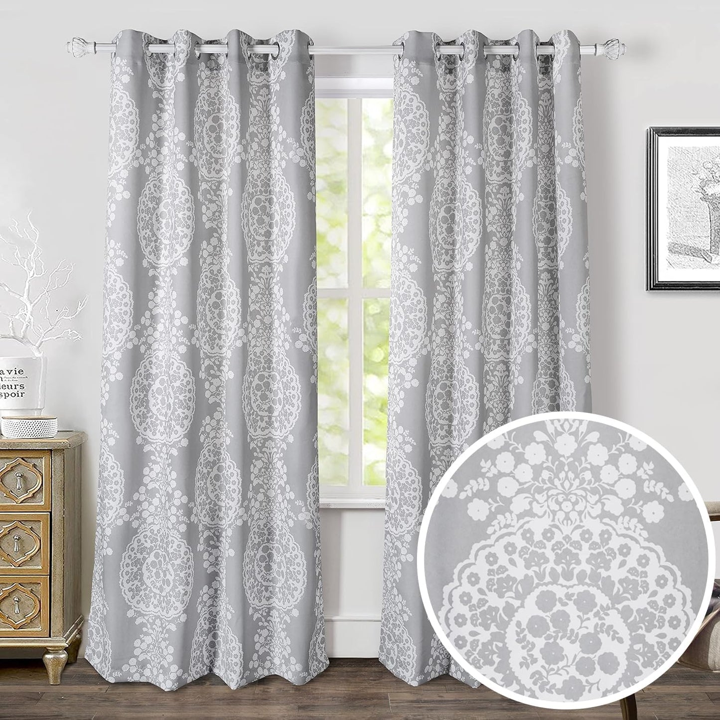 Driftaway Damask Curtains for Kitchen Bathroom Laundry Room Small Windows Floral Damask Medallion Patterned Adjustable Tie up Curtain Single 45 Inch by 63 Inch Dusty Blue  DriftAway Light Gray White (16)52"X84"(Curtains) 