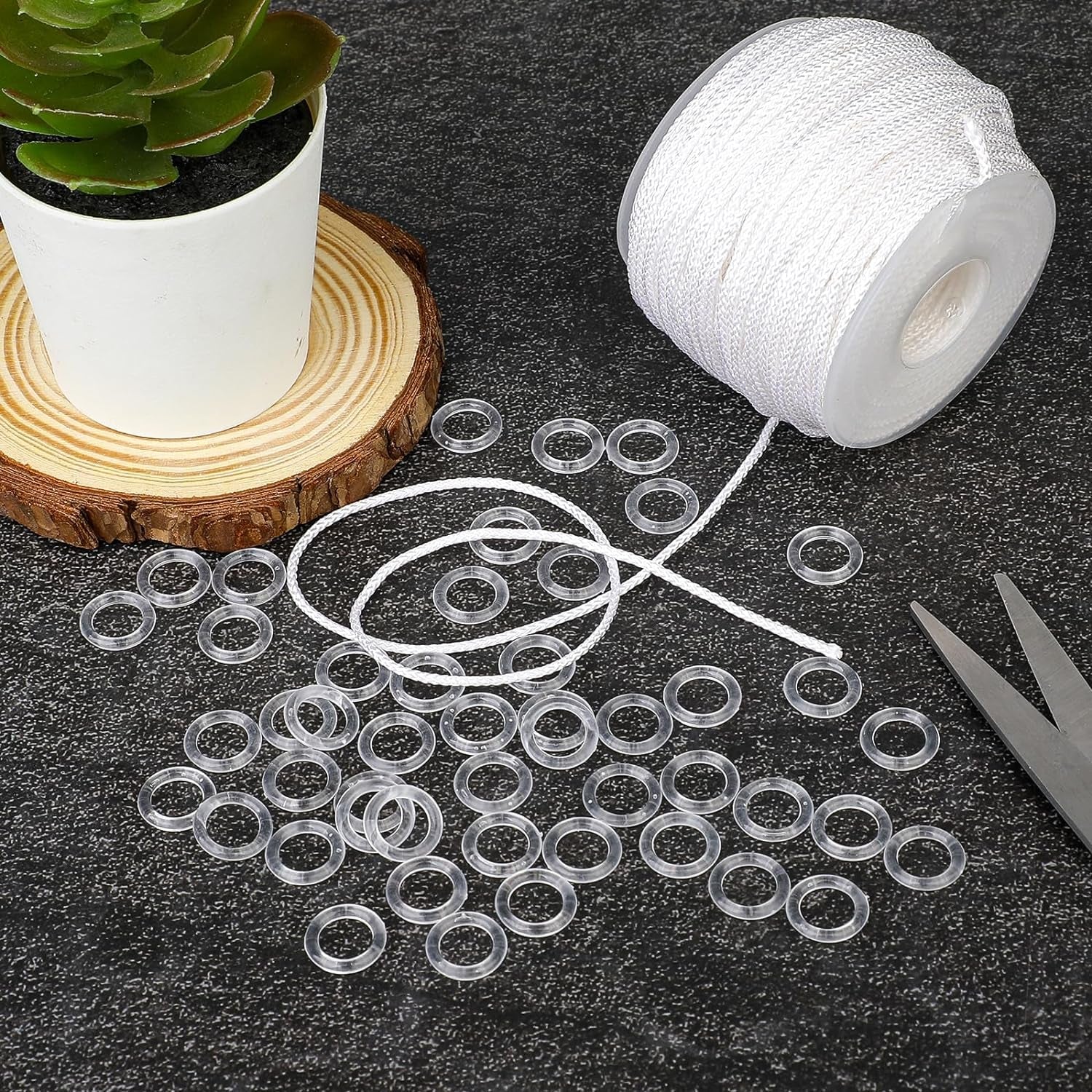 50 Pieces Clear Roman Rings Blind Curtain and 55 Yards Roman Blind Cord,Blind Roman Ring Transparent O-Rings Plastic Rings for Roman Shades, White Braided Lift Shade Cord for DIY Roman Curtains Blinds