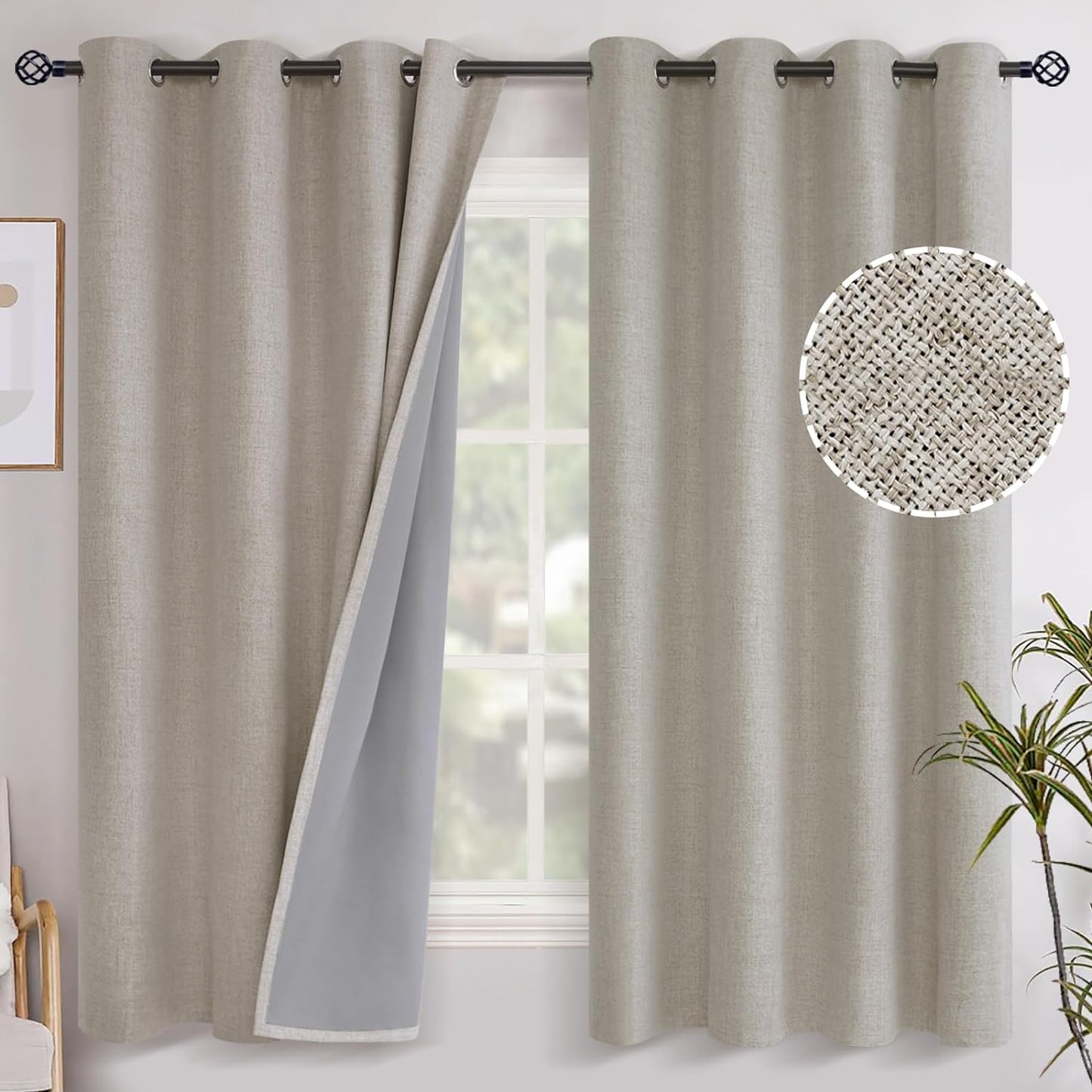 Youngstex Linen Blackout Curtains 63 Inch Length, Grommet Darkening Bedroom Curtains Burlap Linen Window Drapes Thermal Insulated for Basement Summer Heat, 2 Panels, 52 X 63 Inch, Beige  YoungsTex Cashmere 52W X 63L 