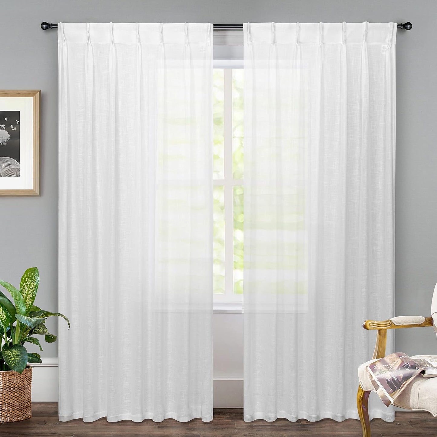 Driftaway Pinch Pleat Sheer Curtains 84 Inch Length 2 Panels Set Back Tab Sheer Vertical Drapes Privacy Added with Light Filtering for Bedroom Living Room Nursery Kids  DriftAway Pinch Pleat-White 52"X96" 