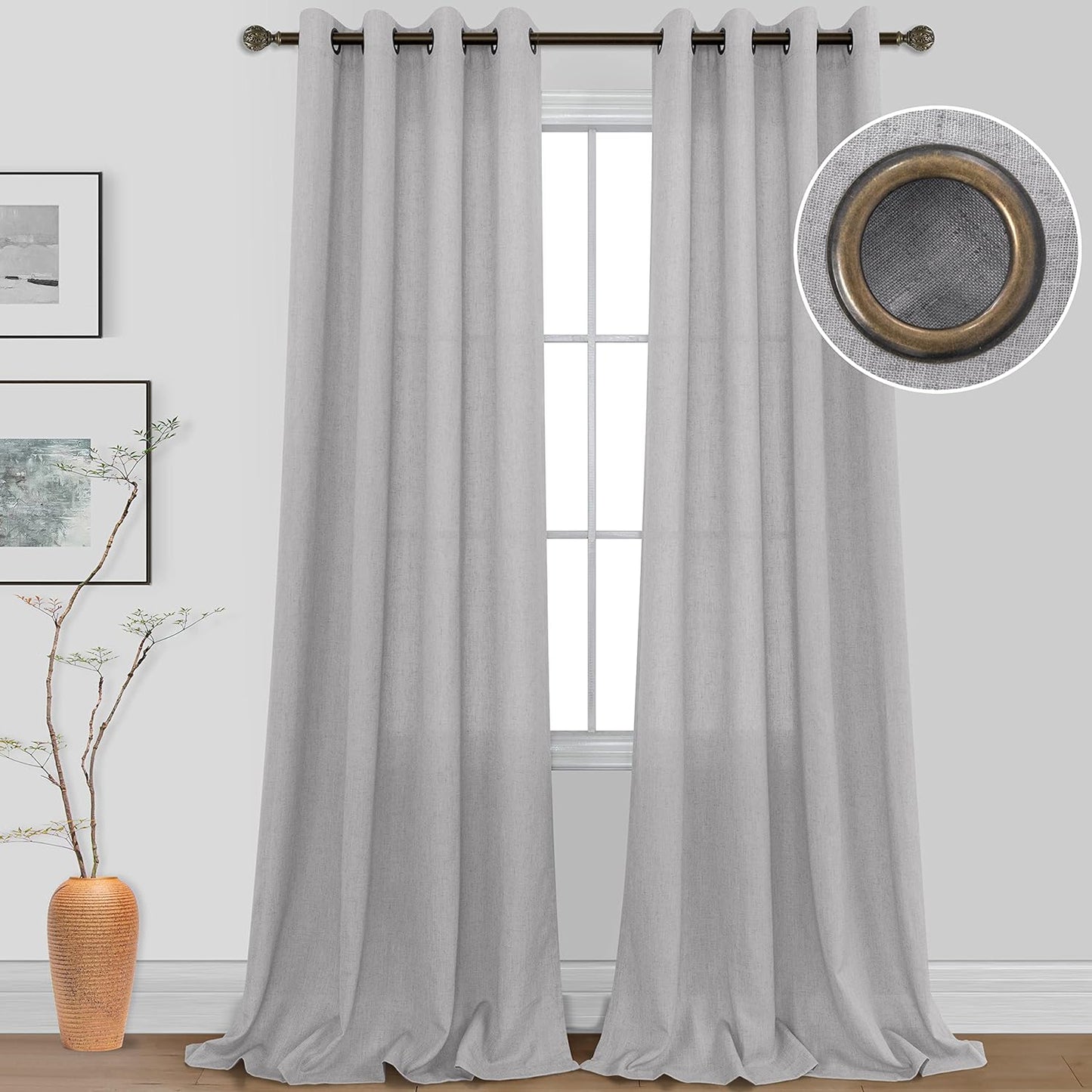 KOUFALL Linen Grommet Curtains for Living Room,Semi Sheer Boho Farmhouse Neutral Cream Curtain Drapes with Bronze Grommets,Room Curtains for Bedroom Window Set of 2 Panels 84 Length  KOUFALL TEXTILE Grey 52X96 