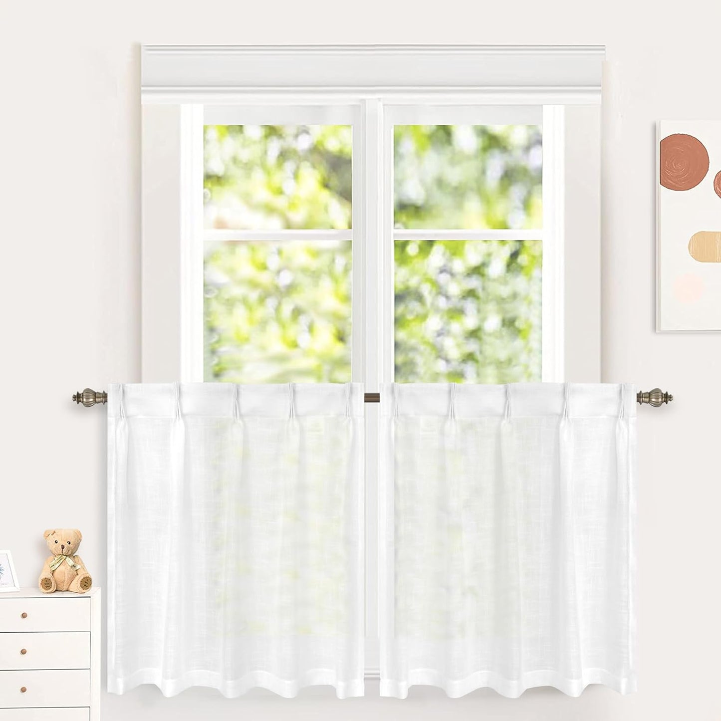 Driftaway Pinch Pleat Kitchen Curtains Linen Textured Short Linen Curtains for Bathroom Laundry Room Cafe Curtains Half Window Curtains 2 Panels Farmhouse Rustic Back Tabs 30 X 36 Inches Ivory Birch  DriftAway Birch White 30"X36" 