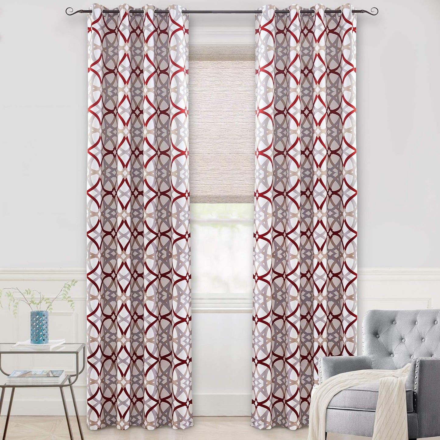 Driftaway Alexander Thermal Blackout Grommet Unlined Window Curtains Spiral Geo Trellis Pattern Set of 2 Panels Each Size 52 Inch by 84 Inch Red and Gray  DriftAway Red/Gray 52"X120" 