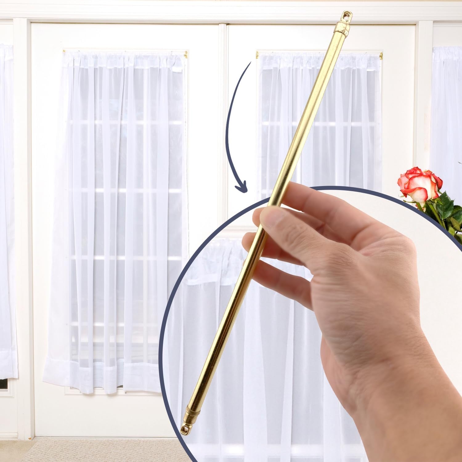 Amazing Drapery Hardware Swivel Sash Curtain Rods with Brass Finish, Set of 2 (Hardware Included) - Adjustable Length 21-38 Inches, Easy to Install Metal Rods for Doors, Windows, and Sidelights