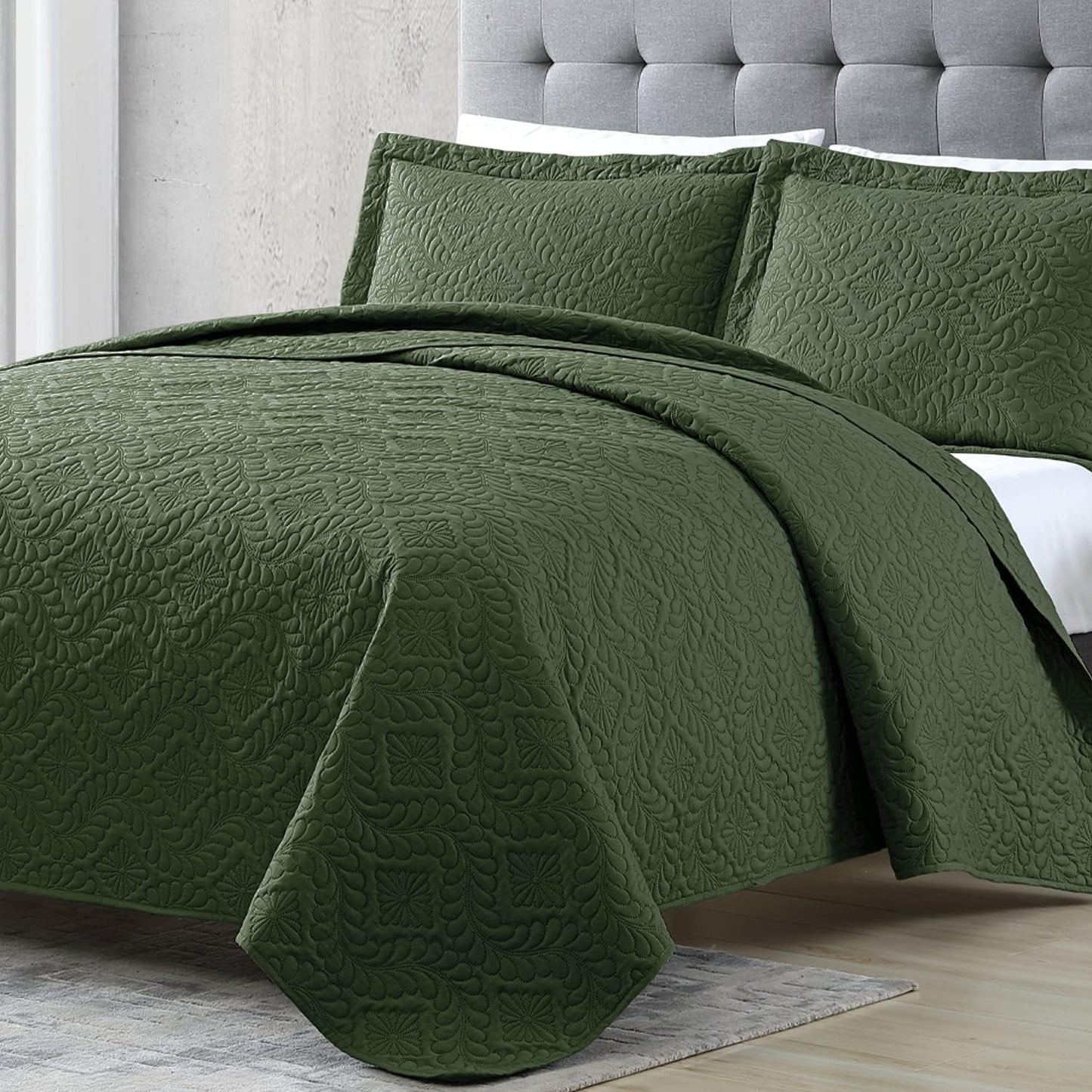 EXQ Home Quilt Set Full/Queen Size Olive Green 3 Piece,Lightweight Coverlet Modern Style Wheat Pattern Bedspread Set(1 Quilt,2 Pillow Shams)