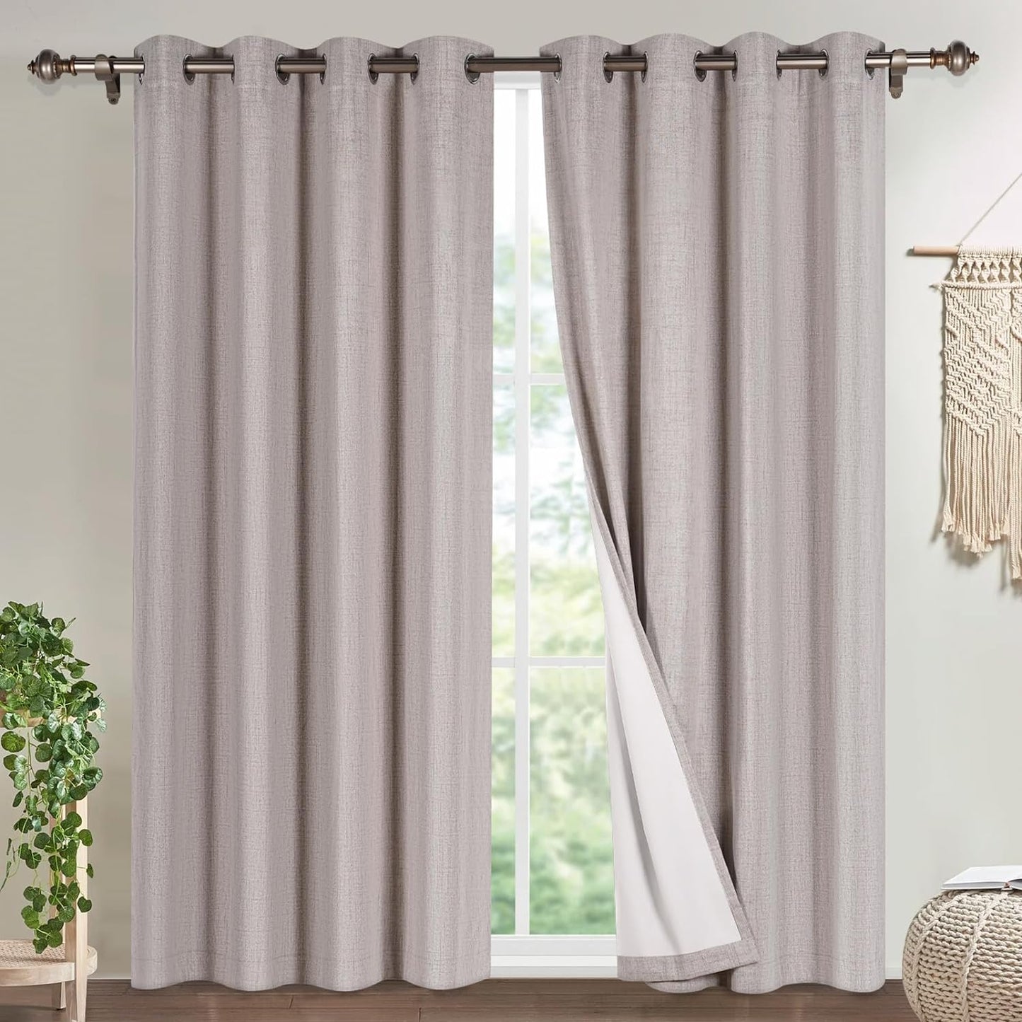 Timeles 100% Blackout Window Curtains 84 Inch Length for Living Room Textured Linen Curtains Sliver Grommet Pinch Pleated Room Darkening Curtain with White Liner/Ties(2 Panel W52 X L84, Ivory)  Timeles Natural W52" X L96" 