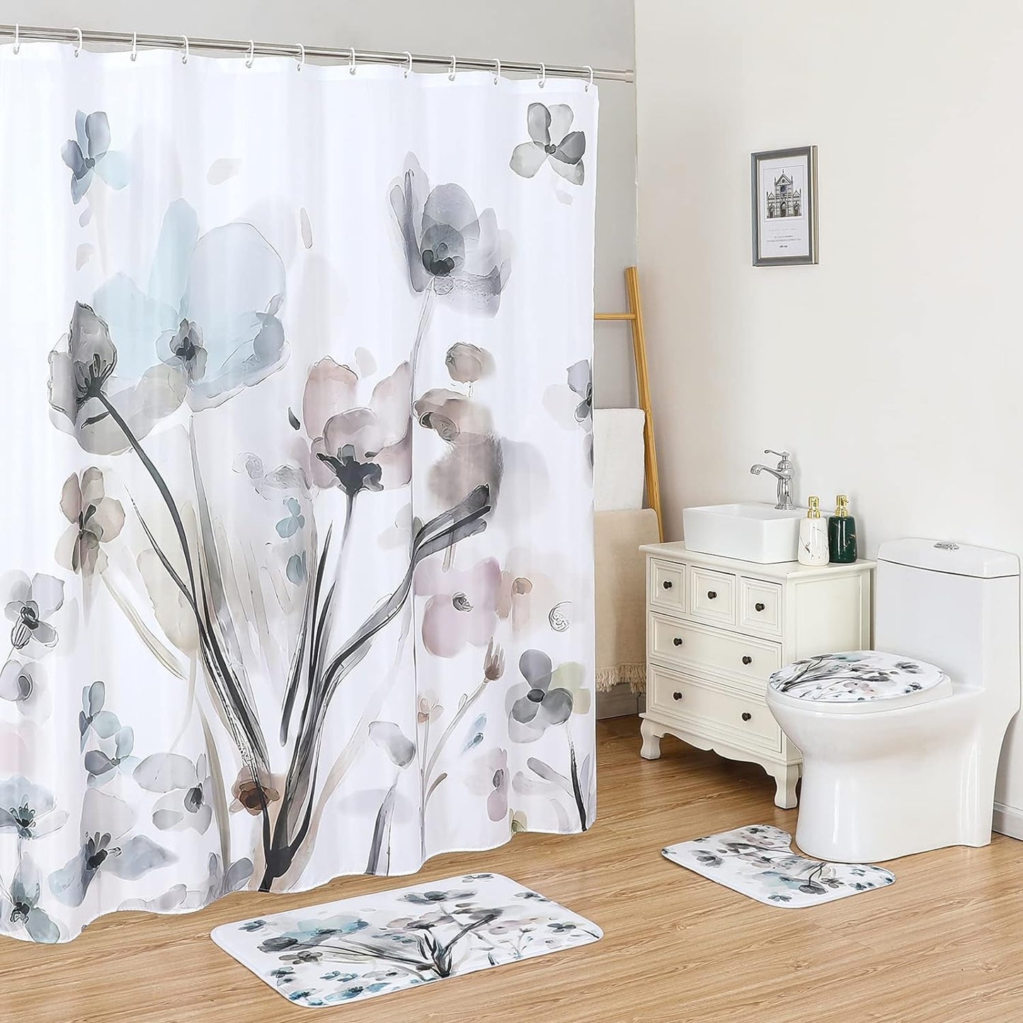 Floral Shower Curtain with 12 Hooks, 72''X72'' Waterproof Polyester Fabric Plant Shower Curtain for Bathroom, Heavy Weighted Hem Bathroom Curtain, Machine Washable, Quick Dry