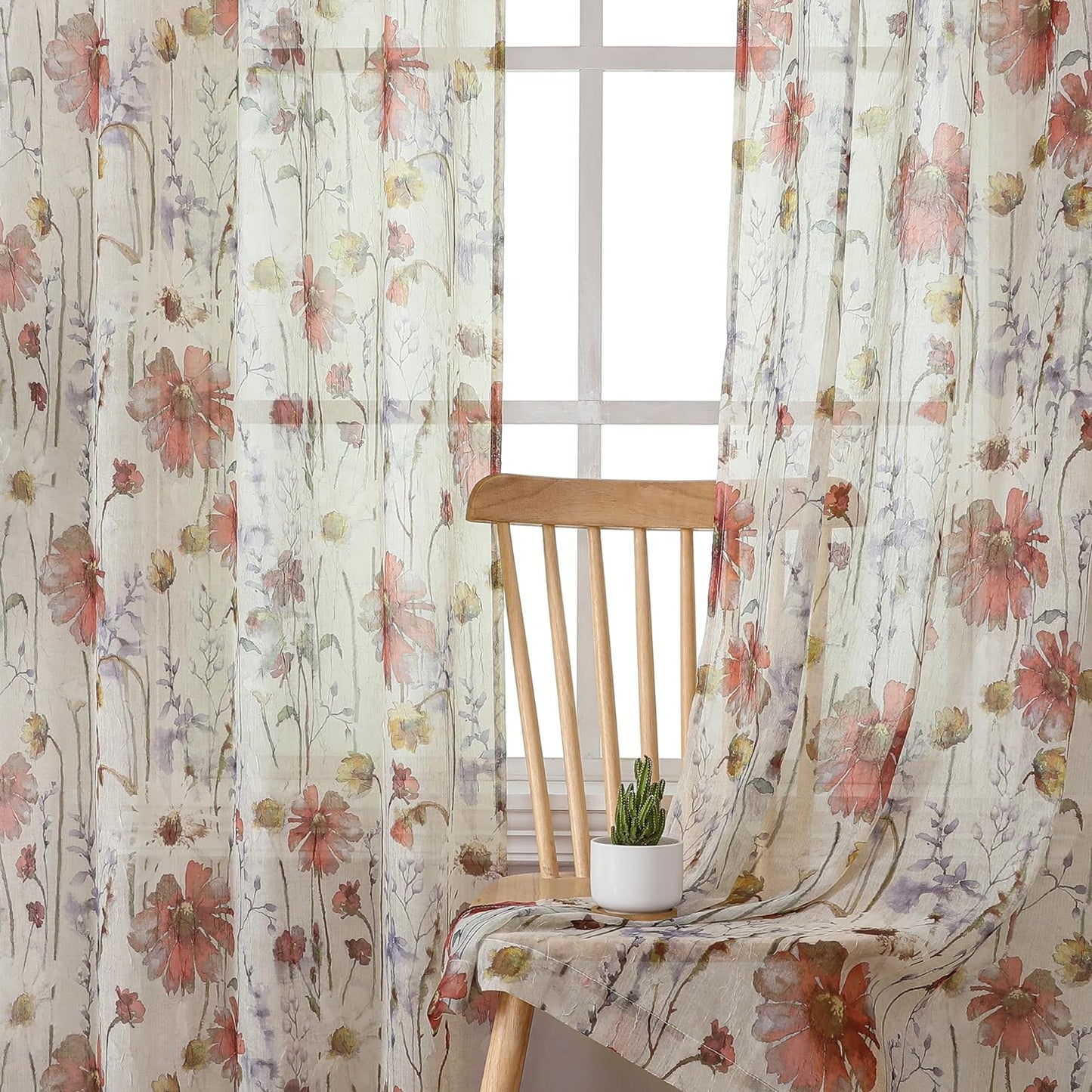 OWENIE Crushed Semi Sheer Curtains 72 Inches Length 2 Panels, Floral Pattern Design Rod Pocket Light Filtering Farmhouse Curtains for Bedroom Living Room, 2 Pieces Total 84 Inch Wide, 72 Inch Long  OWENIE Multi Color 42“W X 84"L | 2 Pcs 