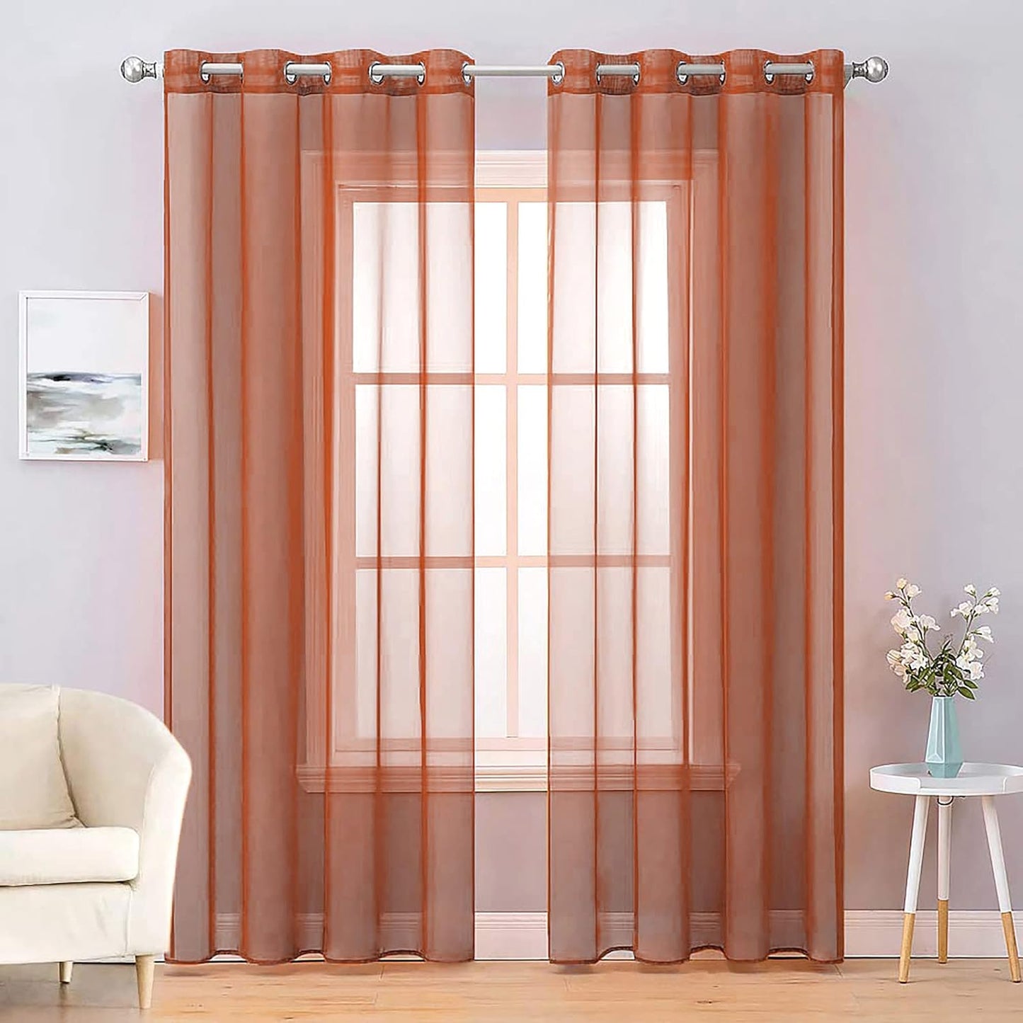 MIULEE 2 Panels Farmhouse Solid Color Beige Sheer Curtains Elegant Grommet Window Voile Panels/Drapes/Treatment for Bedroom Living Room (54X84 Inch)  MIULEE Burnt Orange 54''W X 84''L 