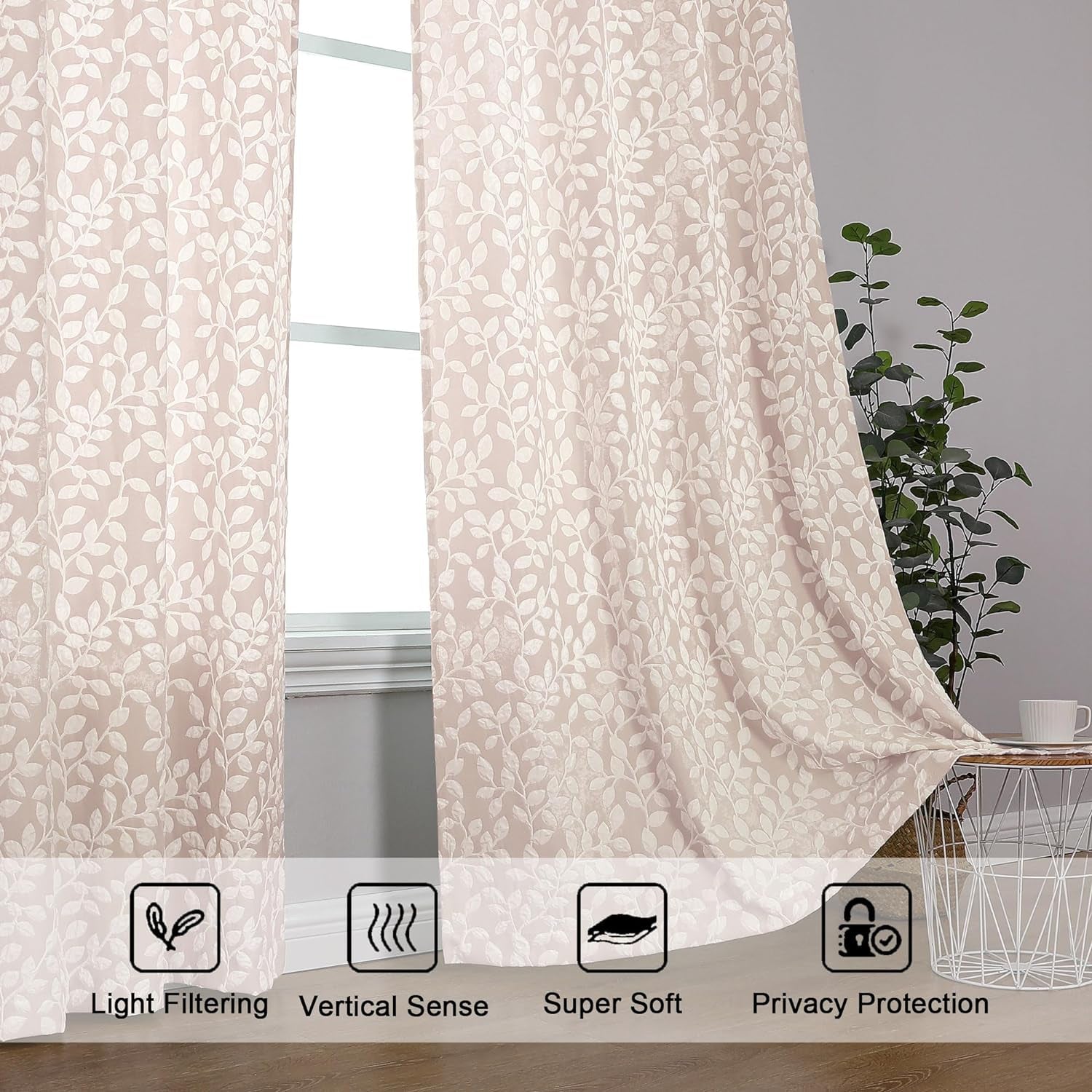 Chyhomenyc Anna White Taupe Curtains 63 Inch Length 2 Panels, Light Filtering Soft Airy 3D Embossed Textured Leaf Pattern Drapes for Bedroom Living Room Windows, Each 42Wx63L Inches  Chyhomenyc   