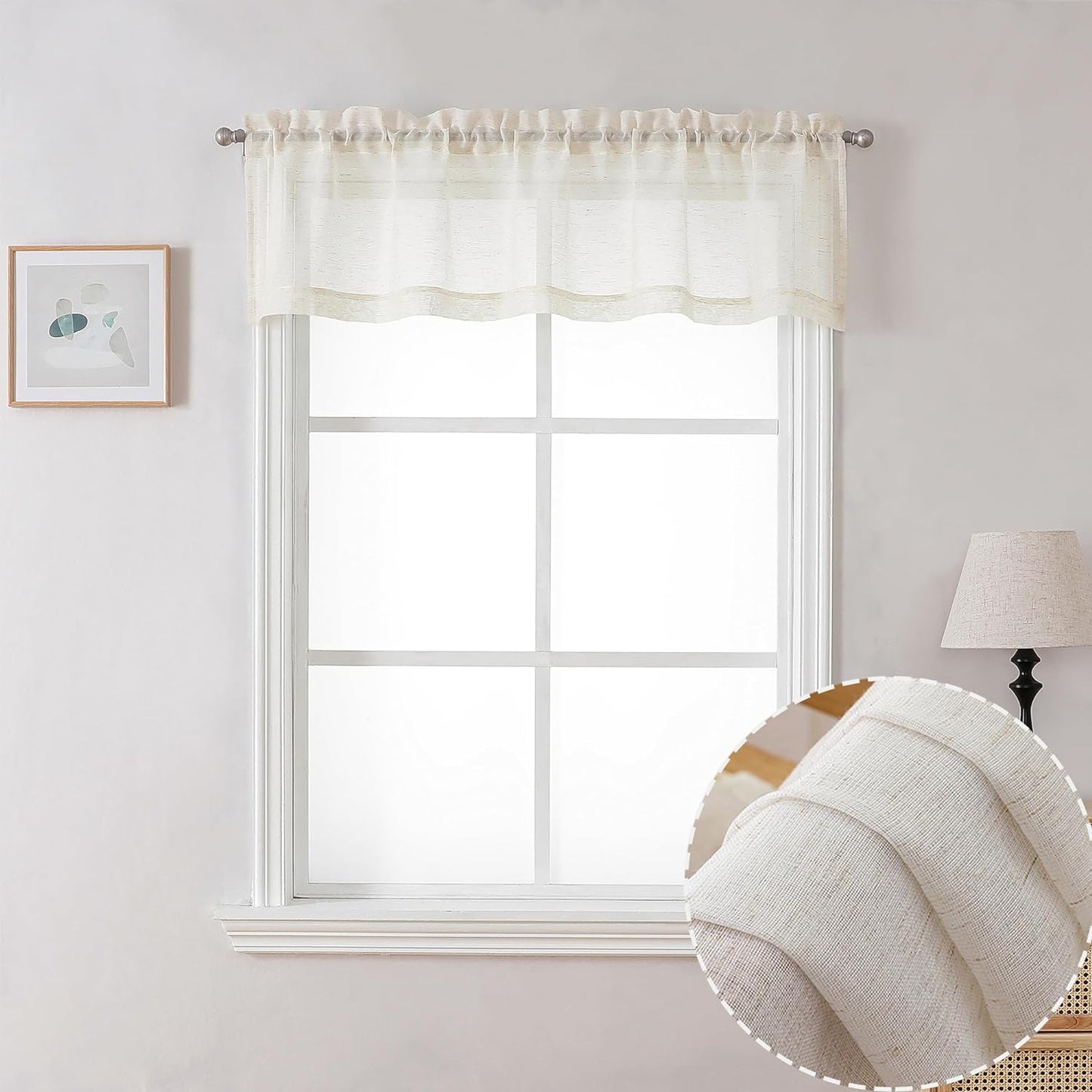 OWENIE White Sheer Valance for Window, Small Short Rod Pocket Voile Valance Curtain Window Treatment Decor for Living Room Bathroom Kitchen Cafe Laundry Basement, 60" W X 14" L  OWENIE Natural 60W X 14L 