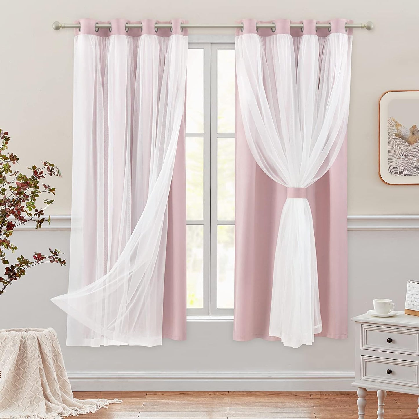 HOMEIDEAS Double Layer Curtains Light Grey Blackout Curtains 84 Inch Length 2 Panels Nursery Curtains for Girls Kids Bedroom Grommet Blackout Curtains with Sheer Overlay  HOMEIDEAS Pink 52" X 63" 