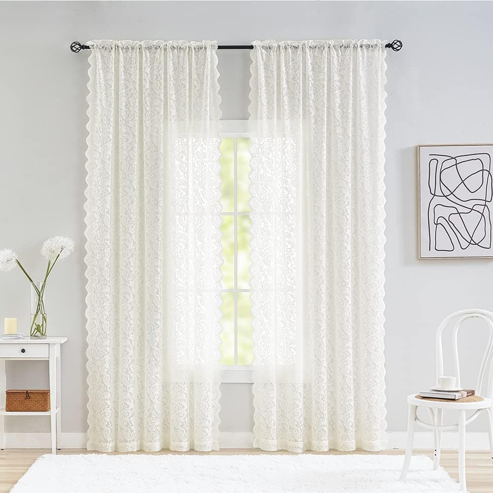 ALIGOGO White Lace Curtains 84 Inches Long-Vintage Floral Luxury Lace Sheer Curtains for Living Room 2 Panels Rod Pocket 52 W X 84 L Inch,White  ALIGOGO Ivory 52" W X 108" L 