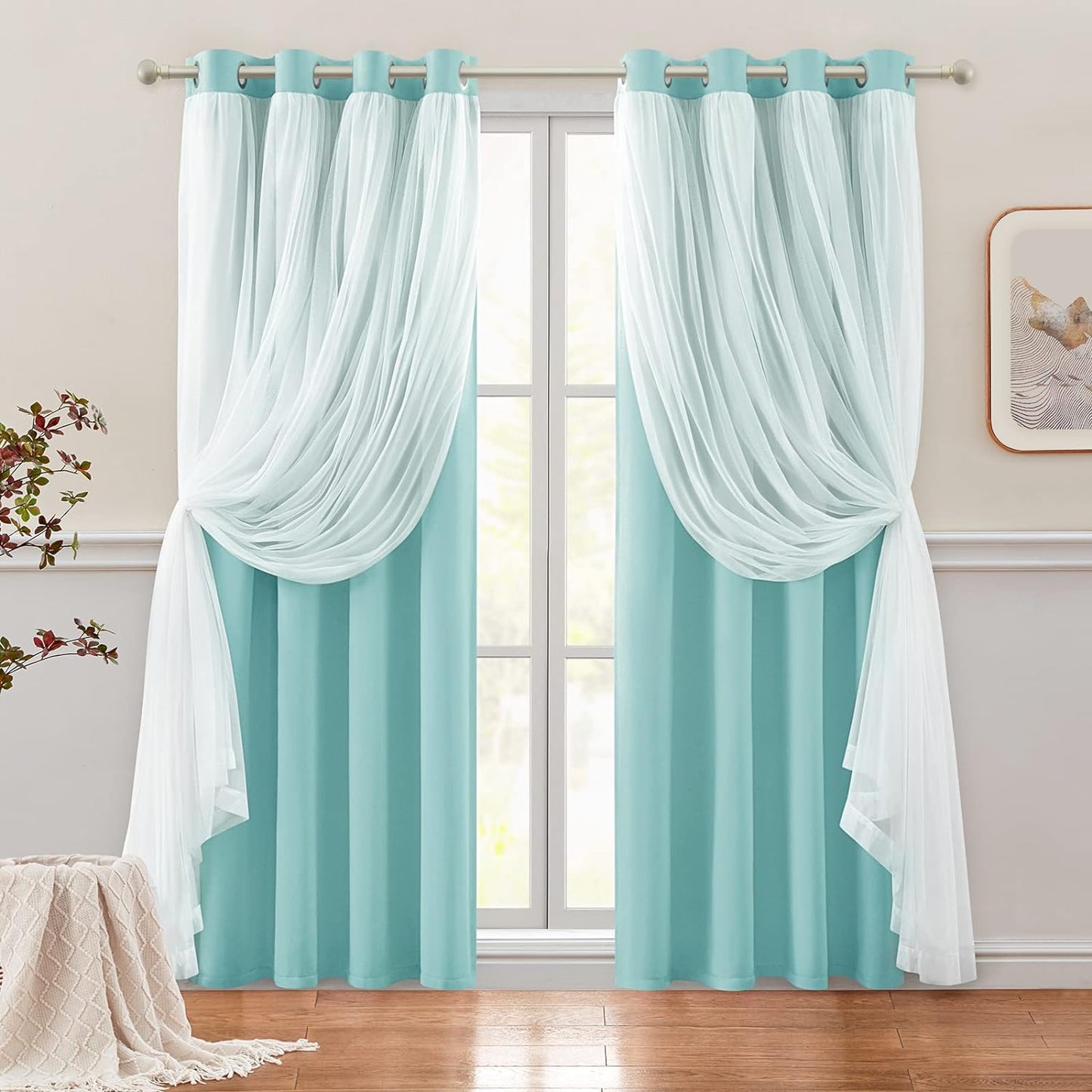 HOMEIDEAS Double Layer Curtains Light Grey Blackout Curtains 84 Inch Length 2 Panels Nursery Curtains for Girls Kids Bedroom Grommet Blackout Curtains with Sheer Overlay  HOMEIDEAS Aqua-1 52" X 84" 