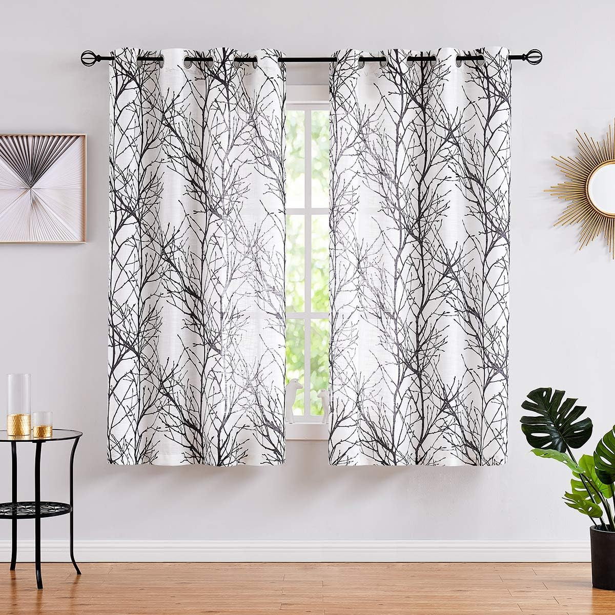 FMFUNCTEX Blue White Curtains for Kitchen Living Room 72“ Grey Tree Branches Print Curtain Set for Small Windows Linen Textured Semi-Sheer Drapes for Bedroom Grommet Top, 2 Panels  Fmfunctex Black 50" X 45" |2Pcs 
