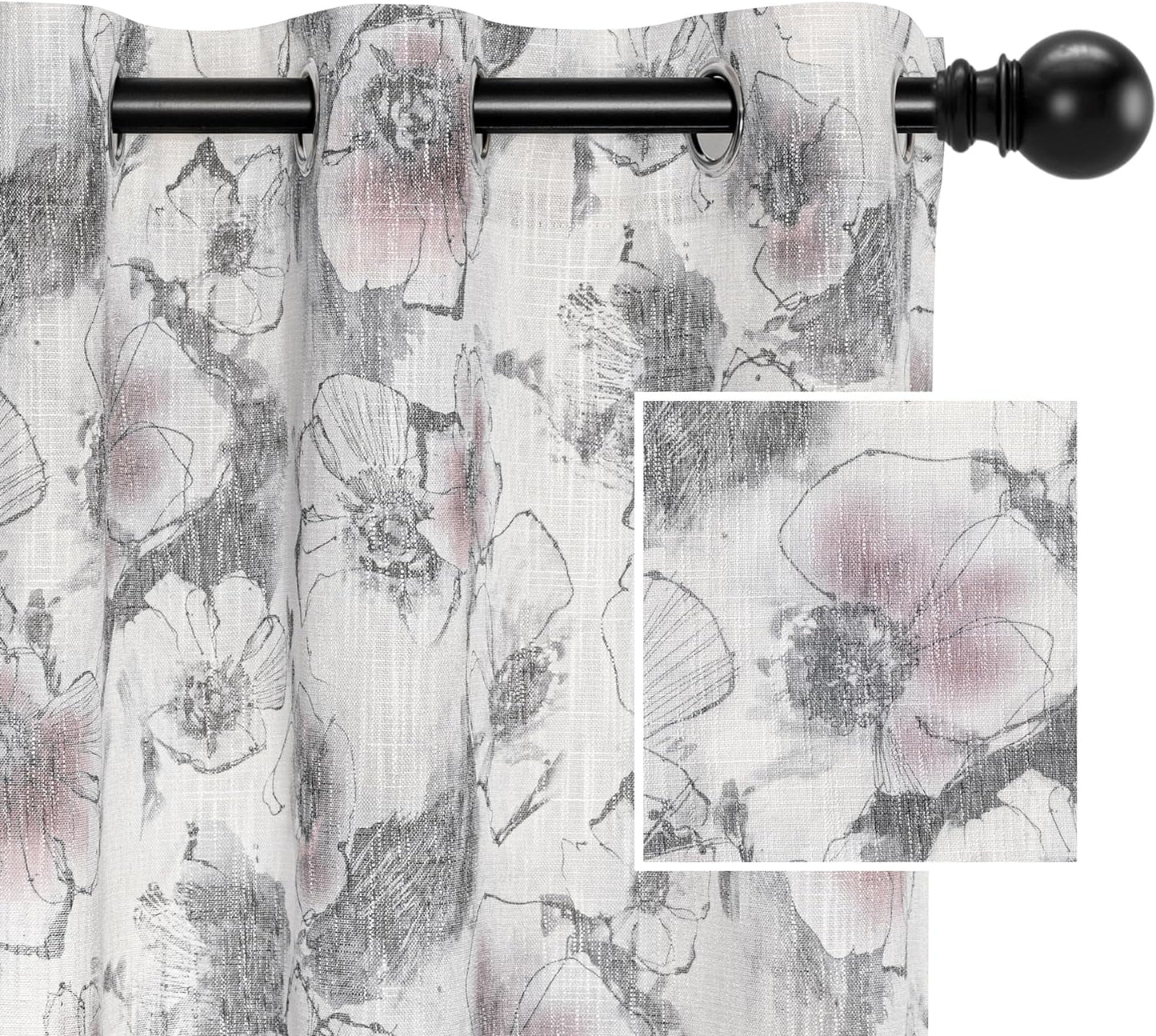 MYSKY HOME Floral Curtains 84 Inches Long Printed Grommet Cotton Curtains for Living Room Bedroom Light Filtering Linen Style Curtain Burlap Effect Drape Window Treatments, 2 Panel Coral and Natural  MYSKY HOME E-Pink/Grey 52"W X 95"L 