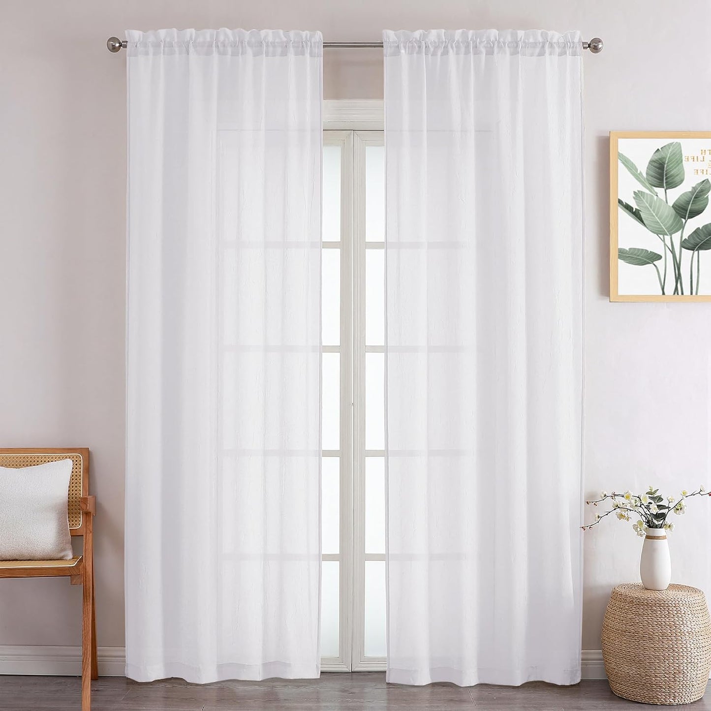 Chyhomenyc Crushed White Sheer Valances for Window 14 Inch Length 2 PCS, Crinkle Voile Short Kitchen Curtains with Dual Rod Pockets，Gauzy Bedroom Curtain Valance，Each 42Wx14L Inches  Chyhomenyc White 42 W X 96 L 