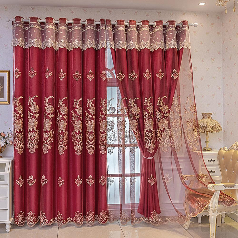 Amidoudou 1 Pair European Double Layer Curtains with Valance for Living Room Bedroom Luxury Embroidered Curtains (Red,51X84 Inch)