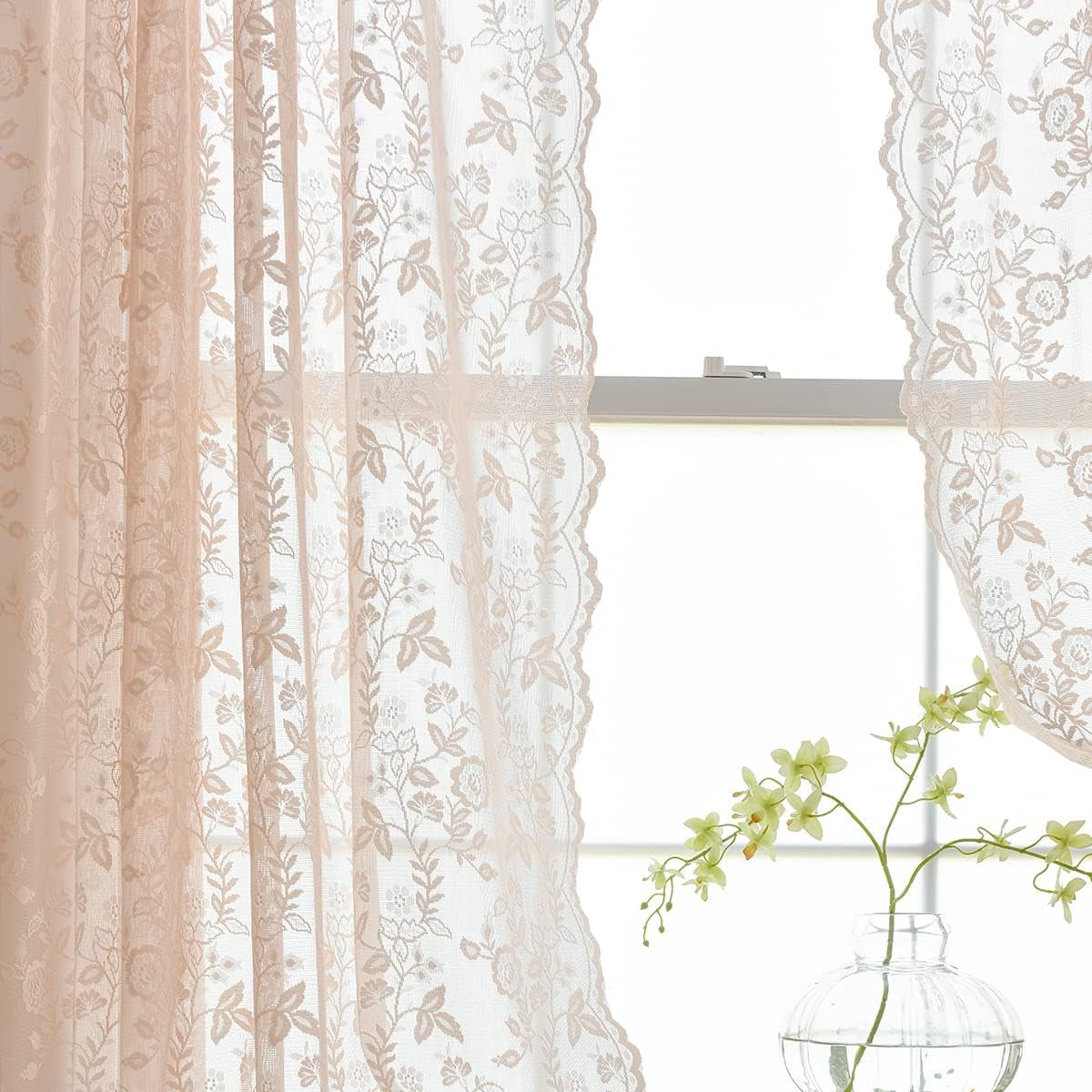 FINECITY Lace Curtains Country Rustic Floral Sheer Curtains for Living Room 72 Inch Length Drapes Vintage Floral Pattern Farmhouse Privacy Light Filtering Sheer Curtain 2 Panels, 52 X 72 Inch, Grey  Keyu Textile Blush Pink W52 X L63 Inch 