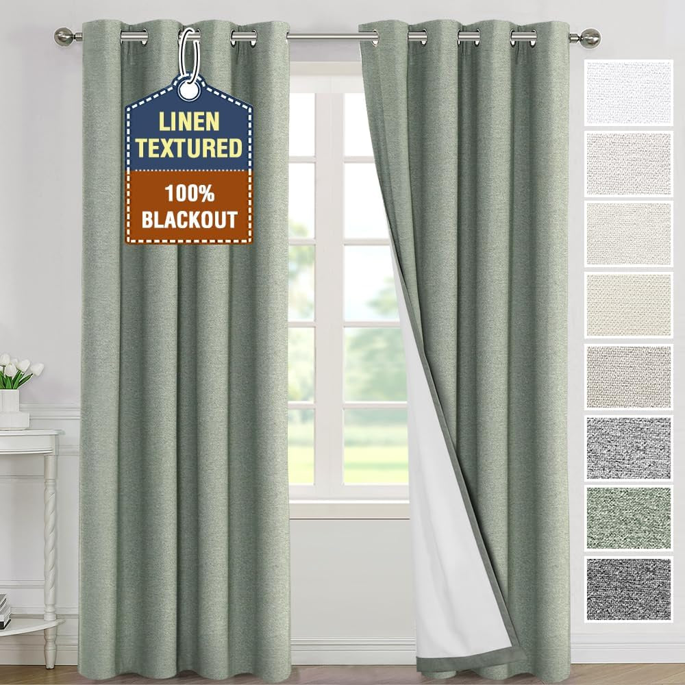 H.VERSAILTEX Linen Curtains Grommeted Total Blackout Window Draperies with Linen Feel, Thermal Liner for Energy Saving 100% Blackout Curtains for Bedroom 2 Panel Sets, 52X96 Inch, Ultimate Gray  H.VERSAILTEX Sea Foam 52"W X 108"L 