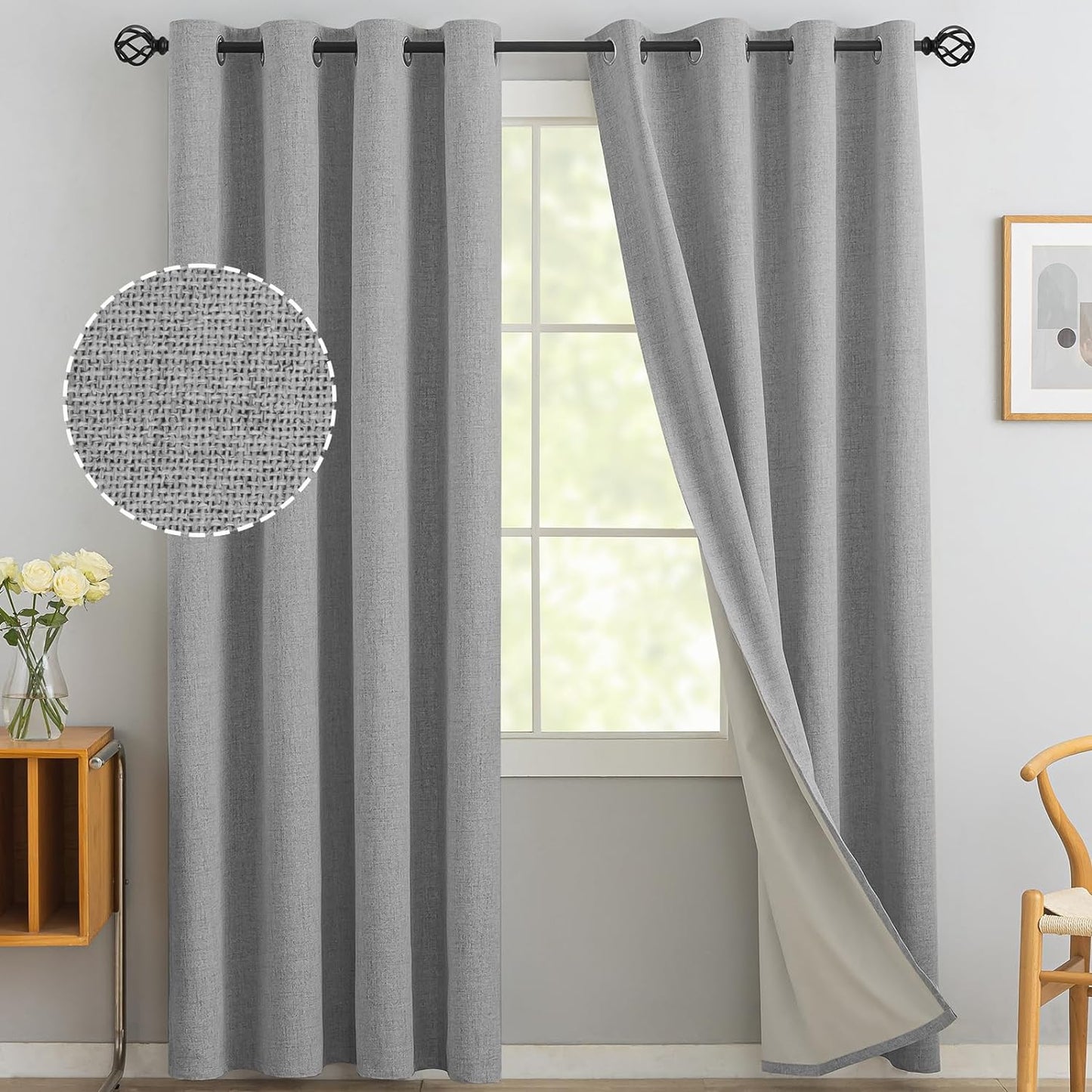 Yakamok Natural Linen Curtains 100% Blackout 84 Inches Long,Room Darkening Textured Curtains for Living Room Thermal Grommet Bedroom Curtains 2 Panels with Greyish White Liner  Yakamok Dove Grey 52W X 90L / 2 Panels 