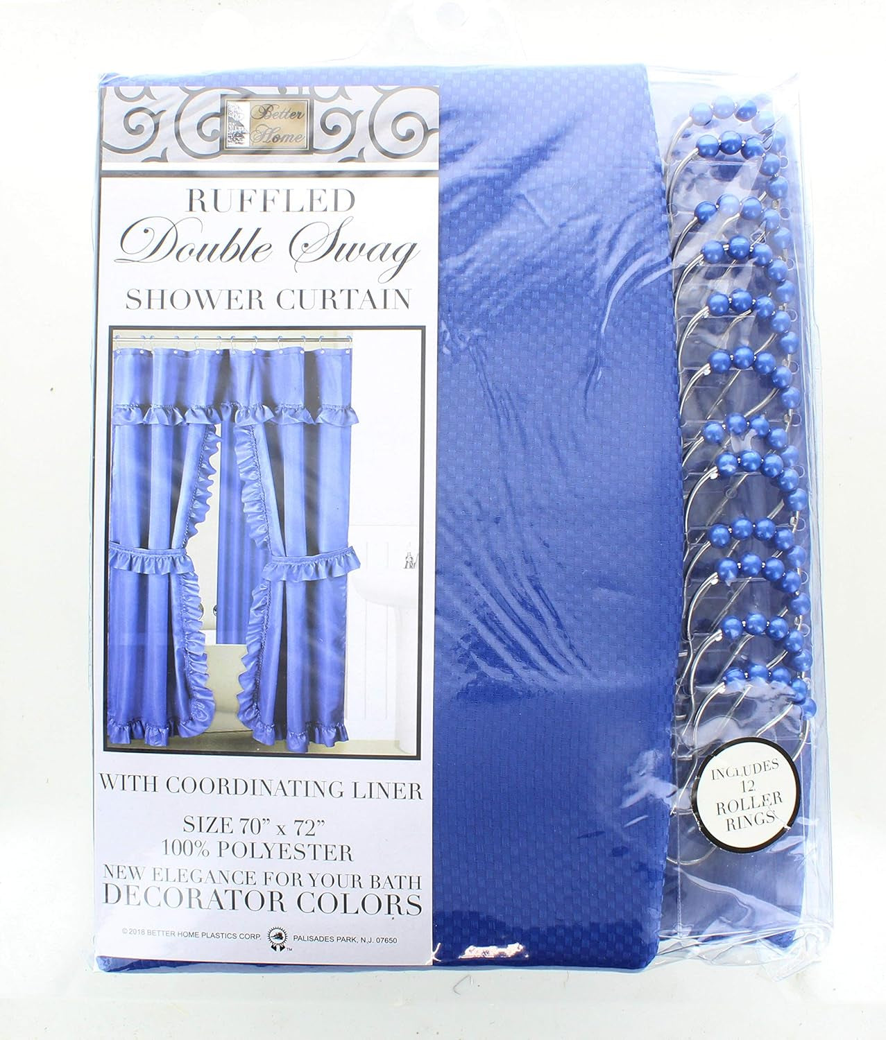 Better Home Double Swag Fabric Shower Curtain with Vinyl Liner and 12 Roller Shower Rings (Cobalt Blue)
