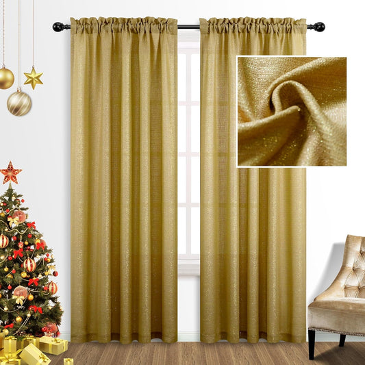 Gold Curtains 84 Inch Length for Living Room 2 Panels Set Rod Pocket Window Decor Semi Sheer Luxury Sparkle Shimmer Shiny Glitter Brown Golden Mustard Curtains for Bedroom 52X84 Long Christmas Decor  MRS.NATURALL TEXTILE Gold 52X84 