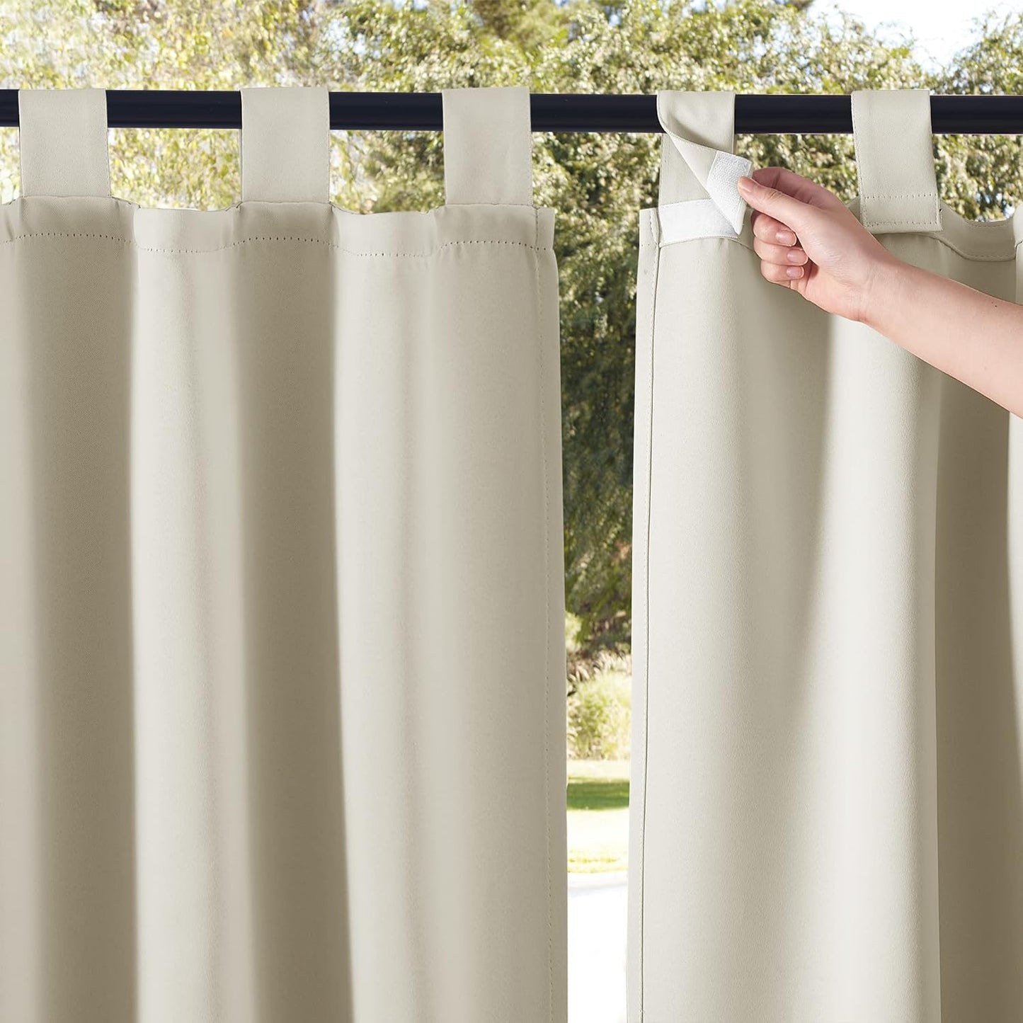 NICETOWN 2 Panels Outdoor Patio Curtainss Waterproof Room Darkening Drapes, Detachable Sticky Tab Top Thermal Insulated Privacy Outdoor Dividers for Porch/Doorway, Biscotti Beige, W52 X L84  NICETOWN Beige W52 X L95 