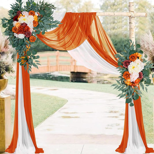 Arch Flowers with Drapes Kit (Pack of 4) - 2 Pcs Artificial Ivory & White Floral Swag Arrangement - 2Pcs 24″ Draping Fabric for Wedding Ceremony Arbor and Reception Backdrop Decoration - Orange