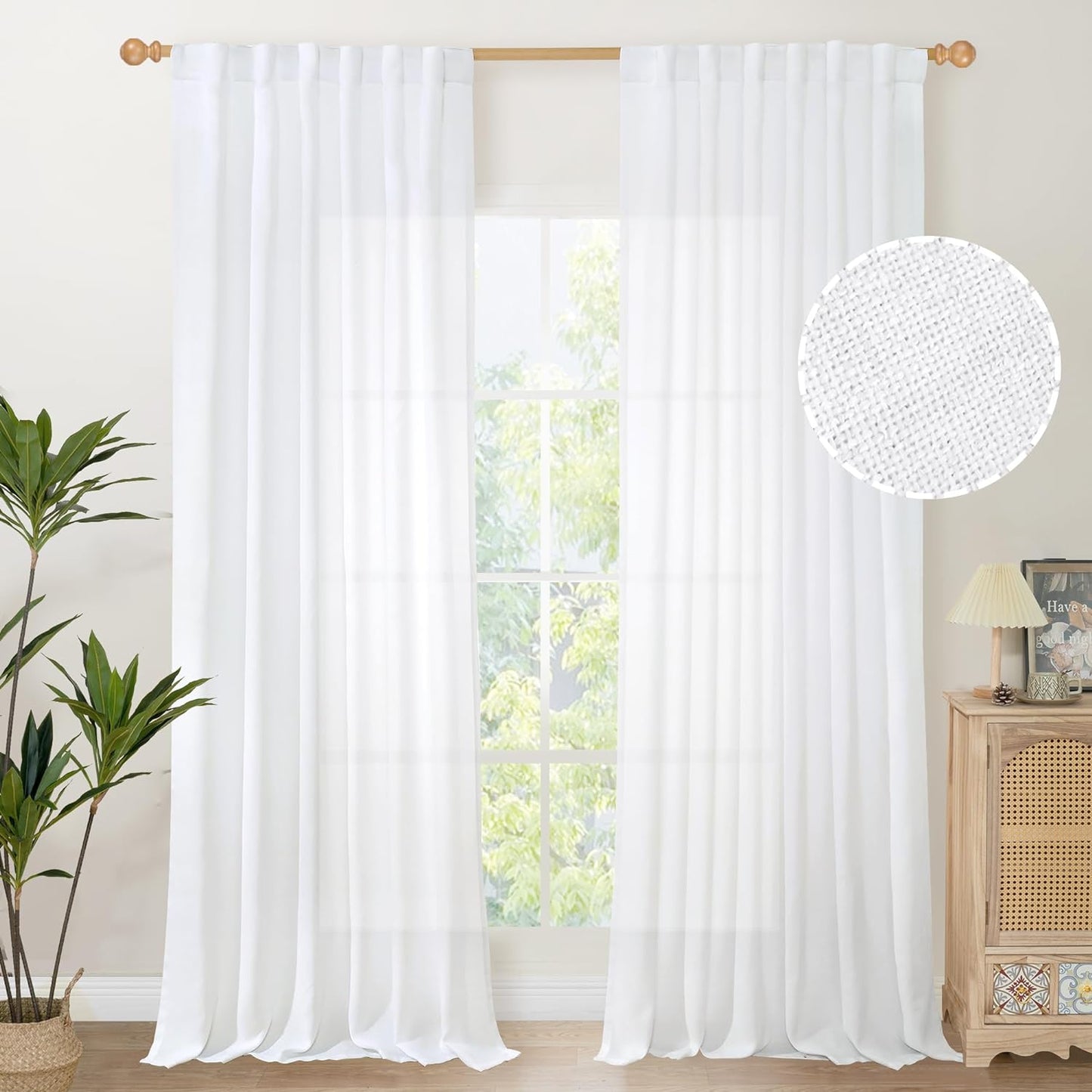 Youngstex Natural Linen Curtains 72 Inch Length 2 Panels for Living Room Light Filtering Textured Window Drapes for Bedroom Dining Office Back Tab Rod Pocket, 52 X 72 Inch  YoungsTex White 52W X 95L 